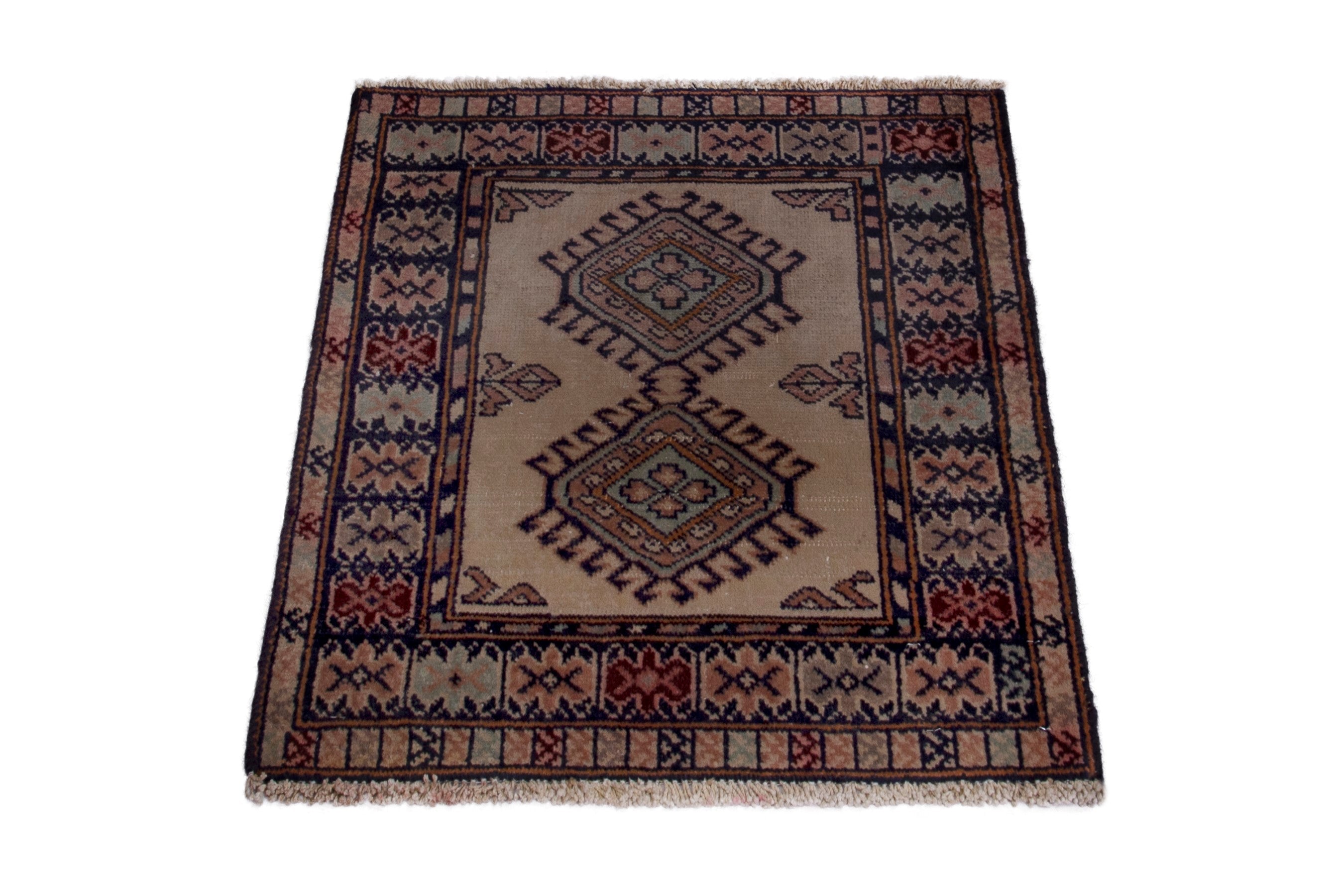 Persian Torkaman accent rug in beige and navy, view 2 of 7