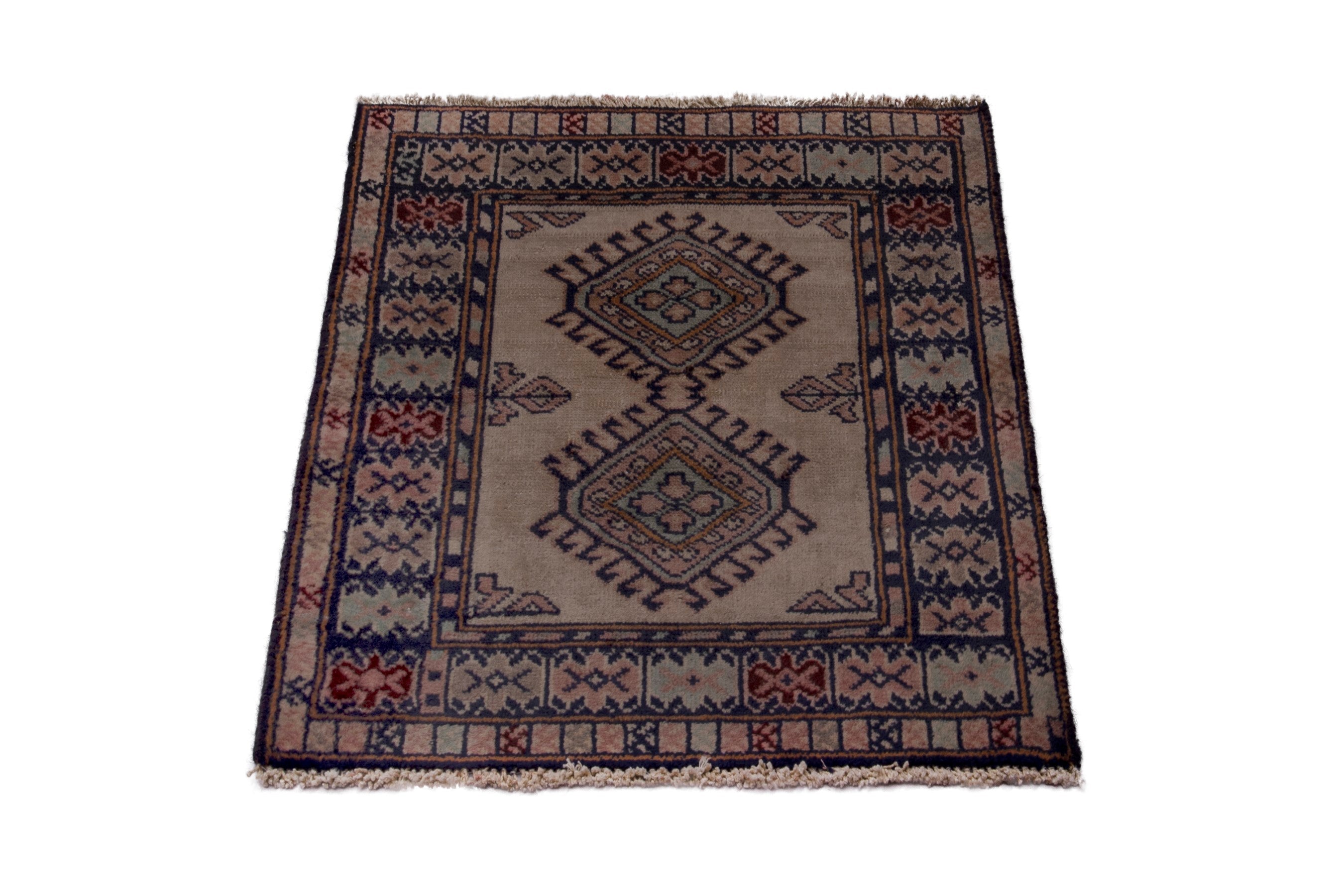 Persian Torkaman accent rug in beige and navy, view 3 of 7