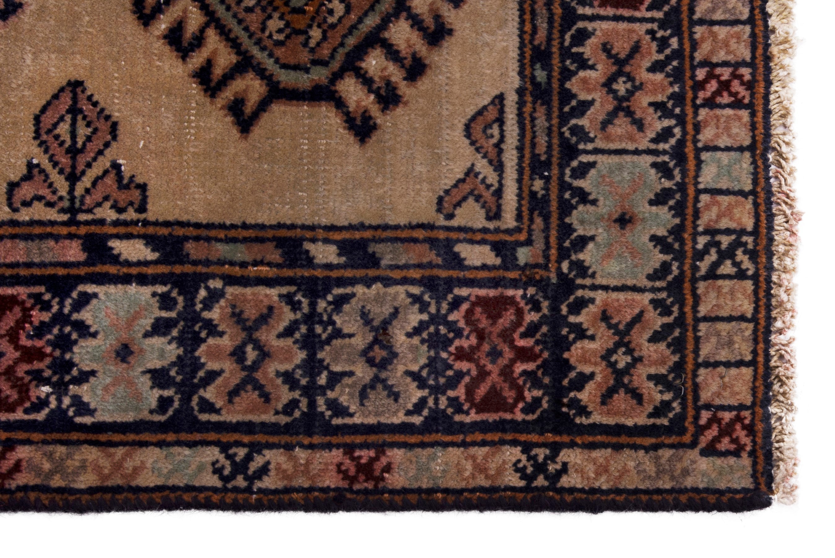 Persian Torkaman accent rug in beige and navy, view 4 of 7