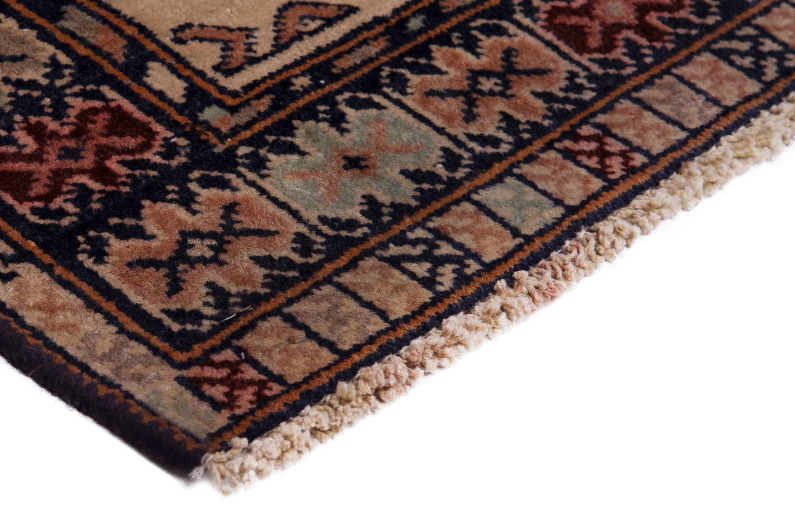 Persian Torkaman accent rug in beige and navy, view 5 of 7