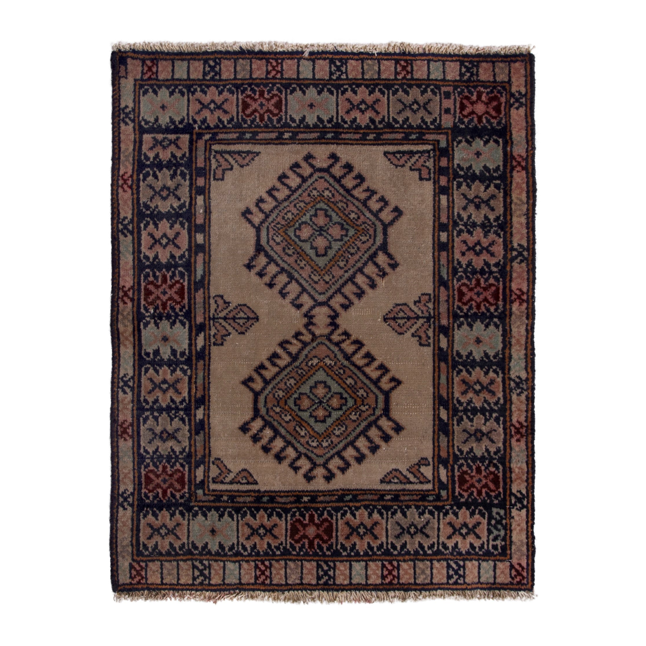 Persian Torkaman accent rug in beige and navy, 2'1" x 2'3"
