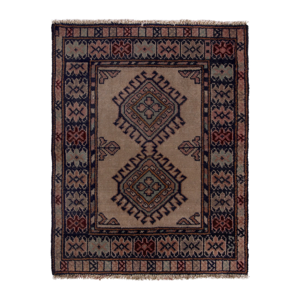 Persian Torkaman accent rug in beige and navy, 2'1" x 2'3"