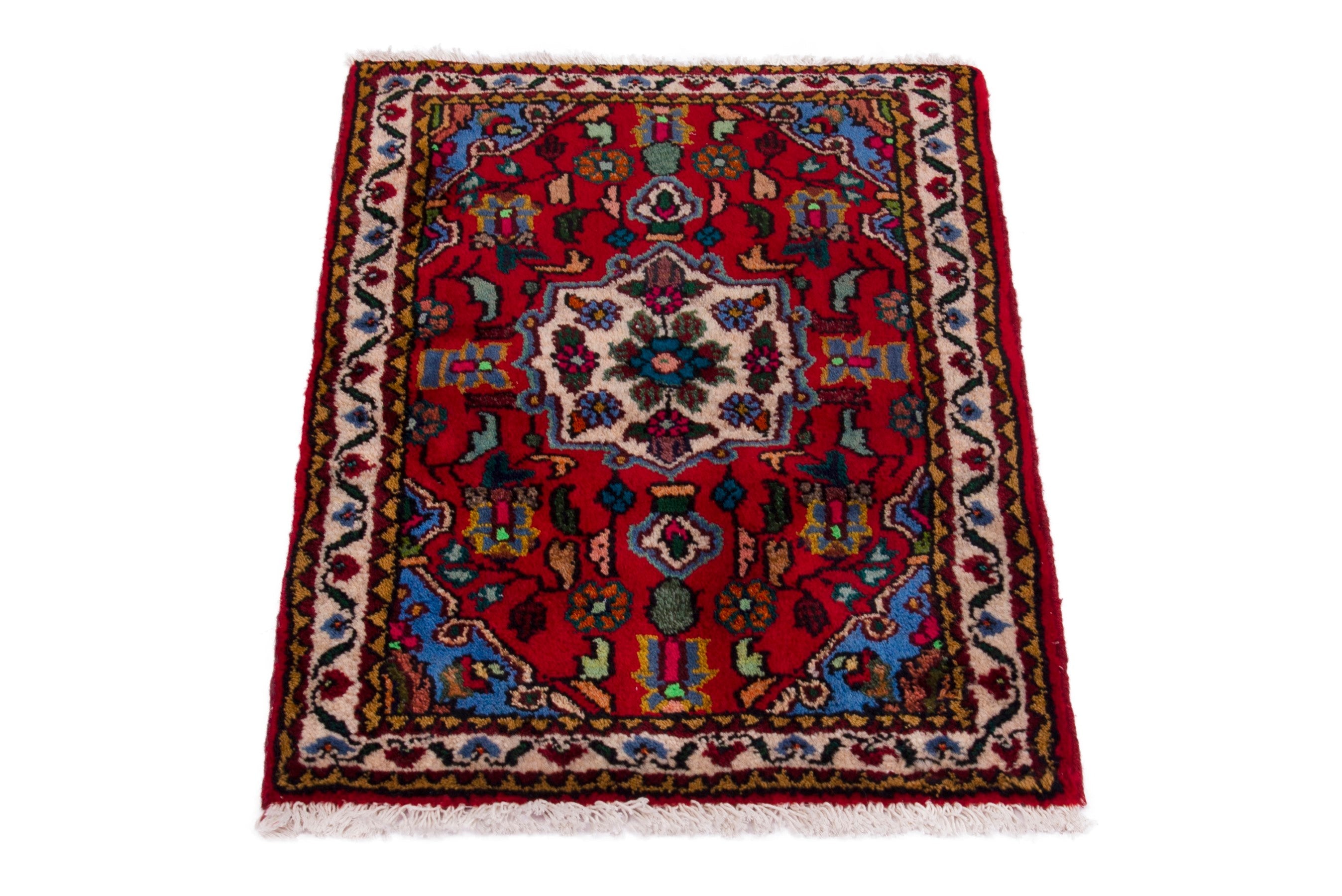 Persian Hamedan accent rug in deep red and cream, view 2 of 7