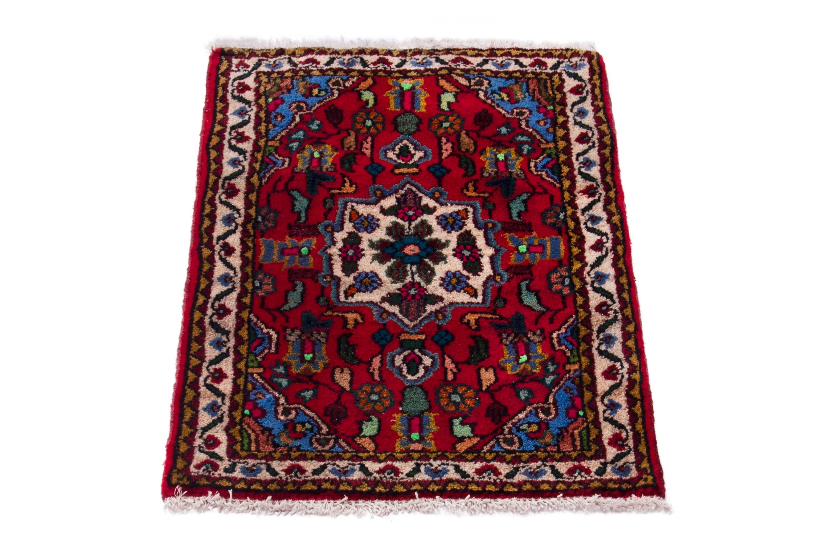 Persian Hamedan accent rug in deep red and cream, view 3 of 7
