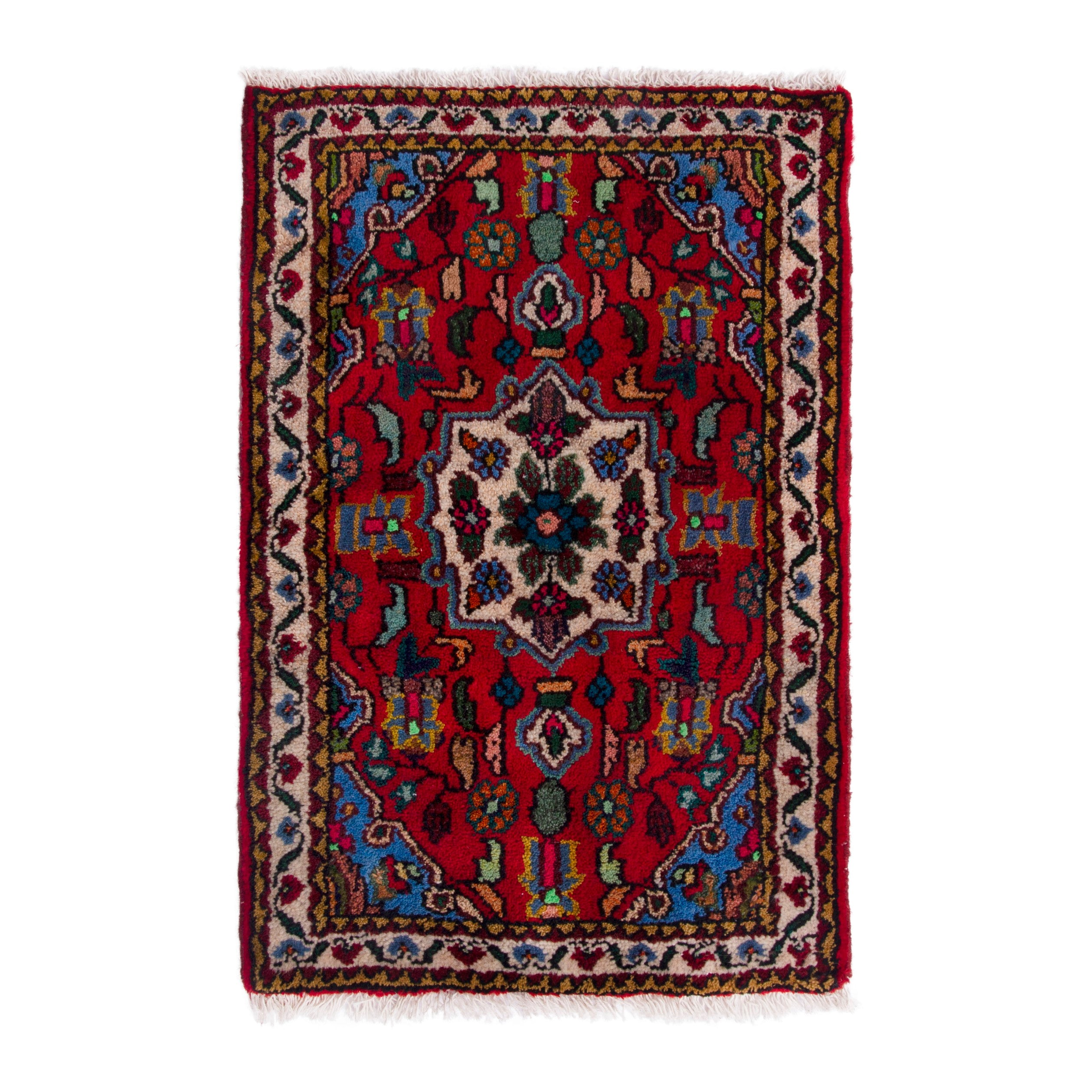 Persian Hamedan accent rug in deep red and cream, 1'10" x 2'6"