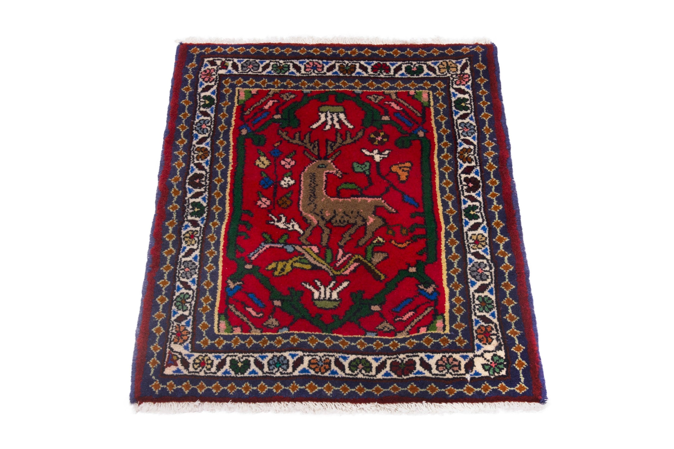 Persian Shiraz accent rug in deep red and navy, view 2 of 7