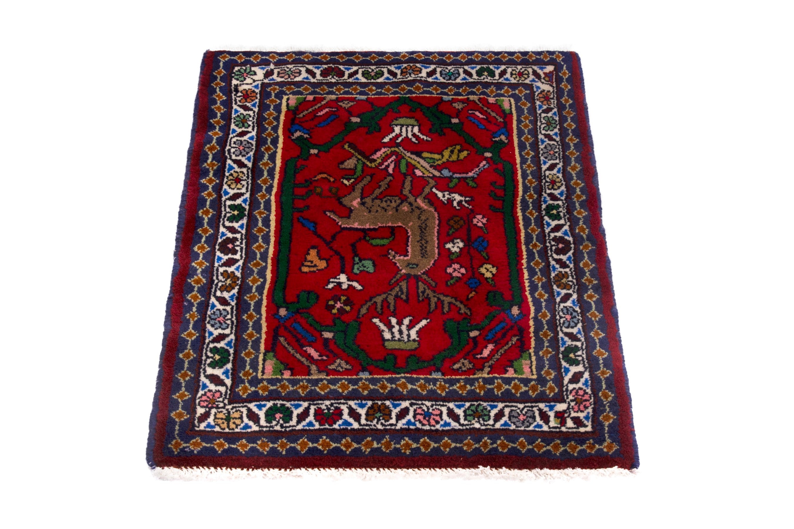 Persian Shiraz accent rug in deep red and navy, view 3 of 7