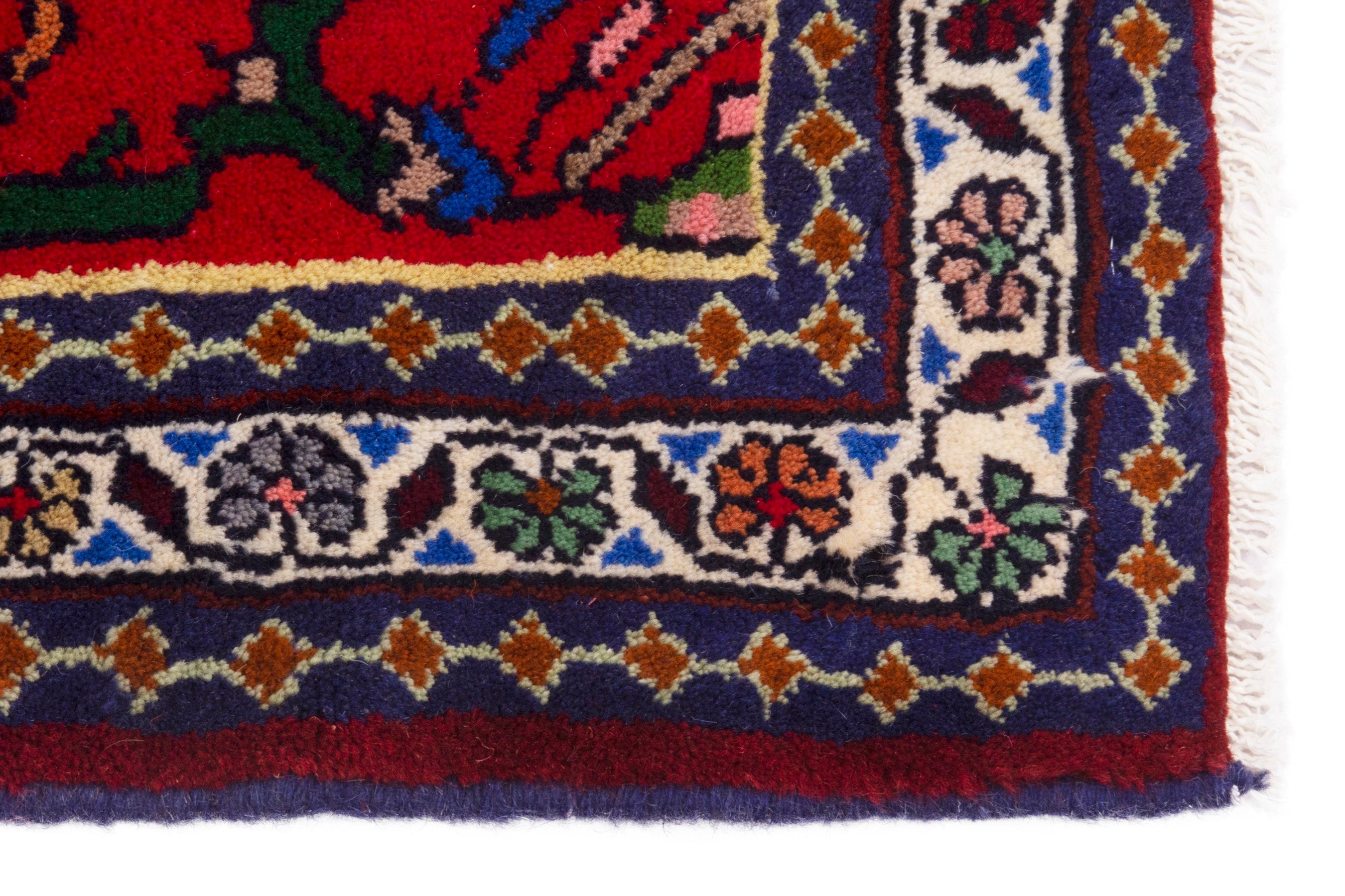 Persian Shiraz accent rug in deep red and navy, view 4 of 7