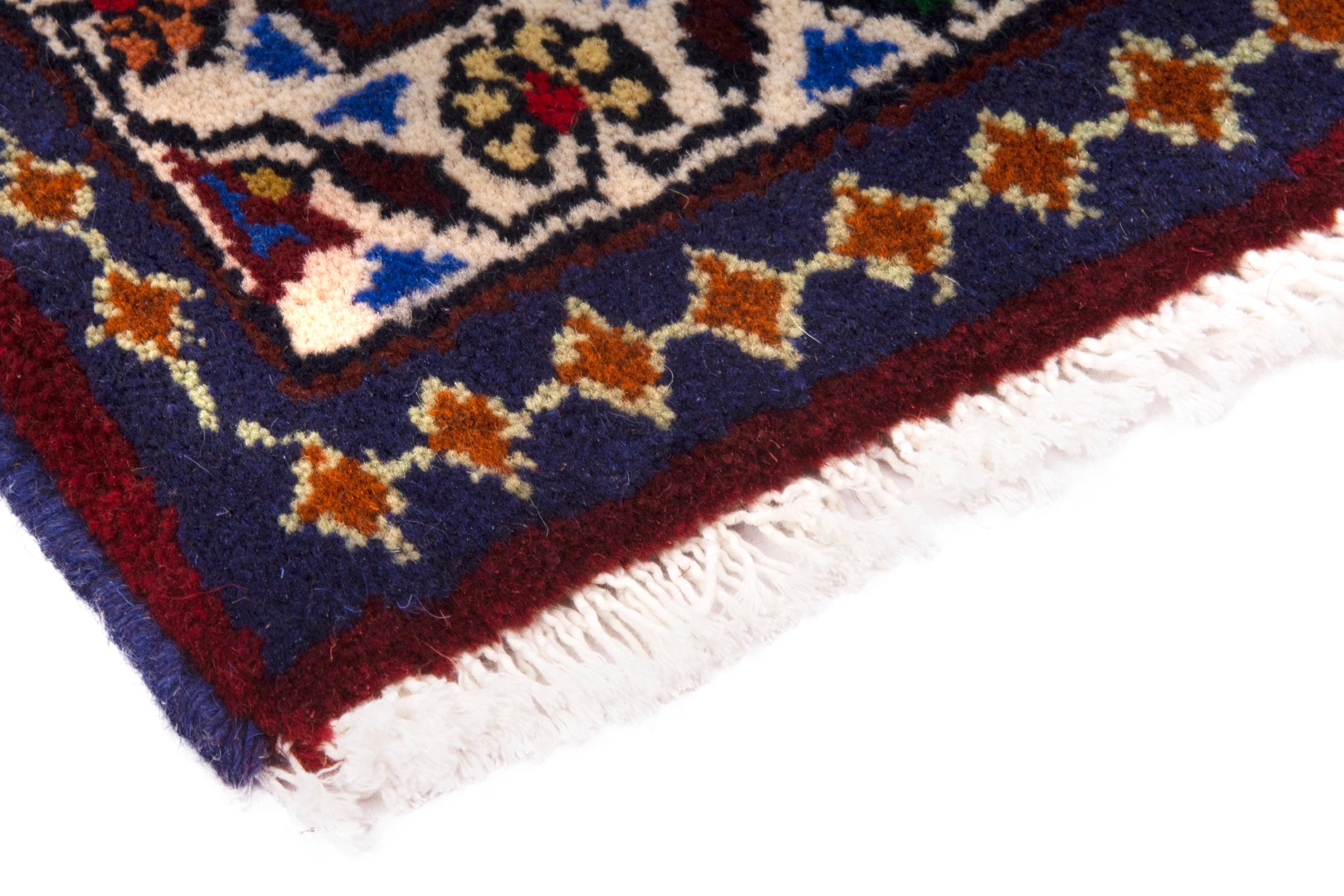 Persian Shiraz accent rug in deep red and navy, view 5 of 7