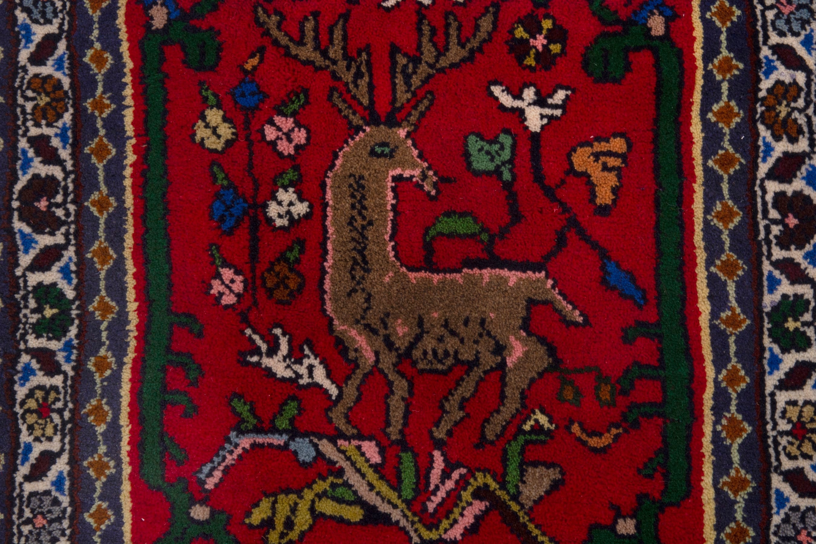 Persian Shiraz accent rug in deep red and navy, view 6 of 7