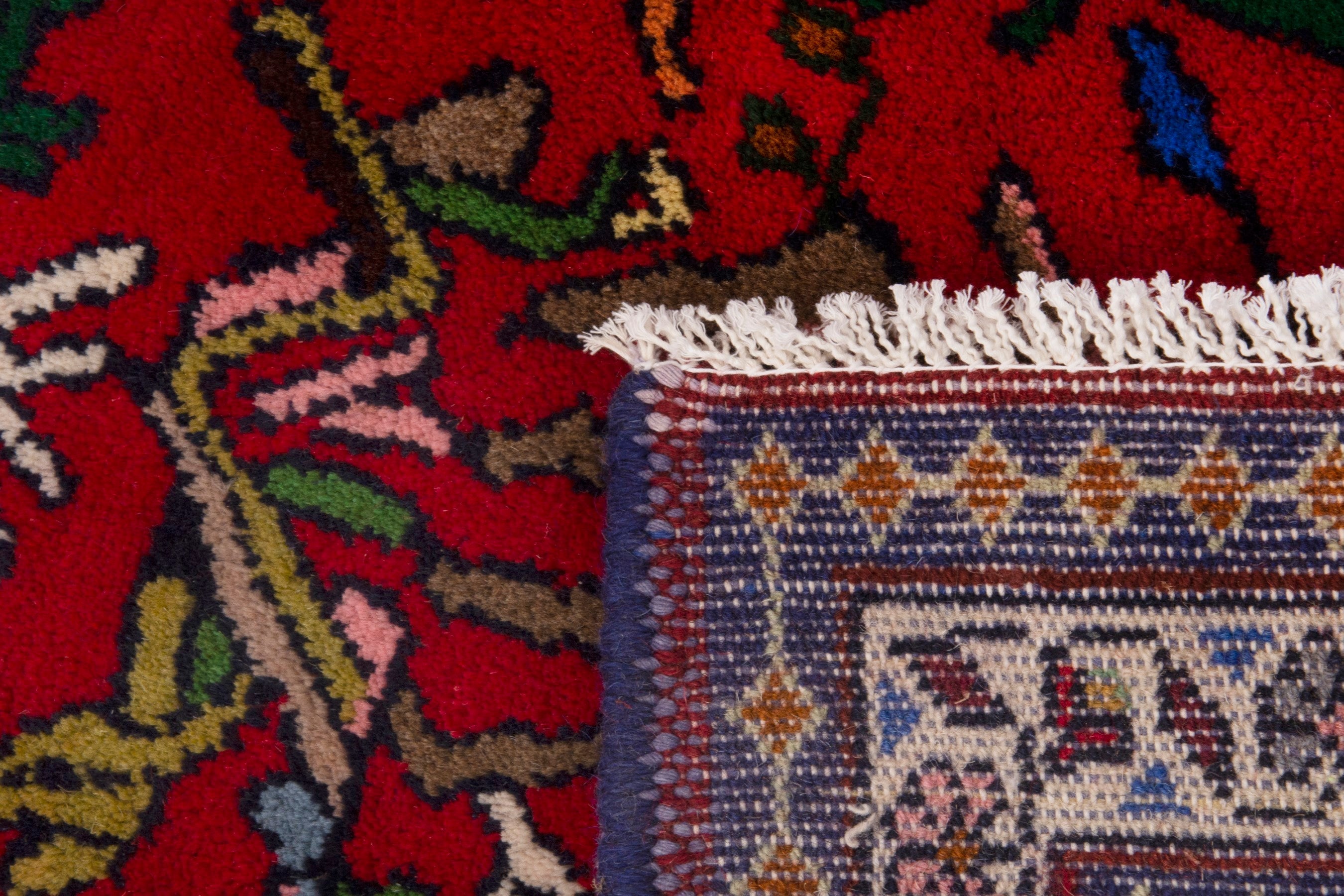 Persian Shiraz accent rug in deep red and navy, view 7 of 7