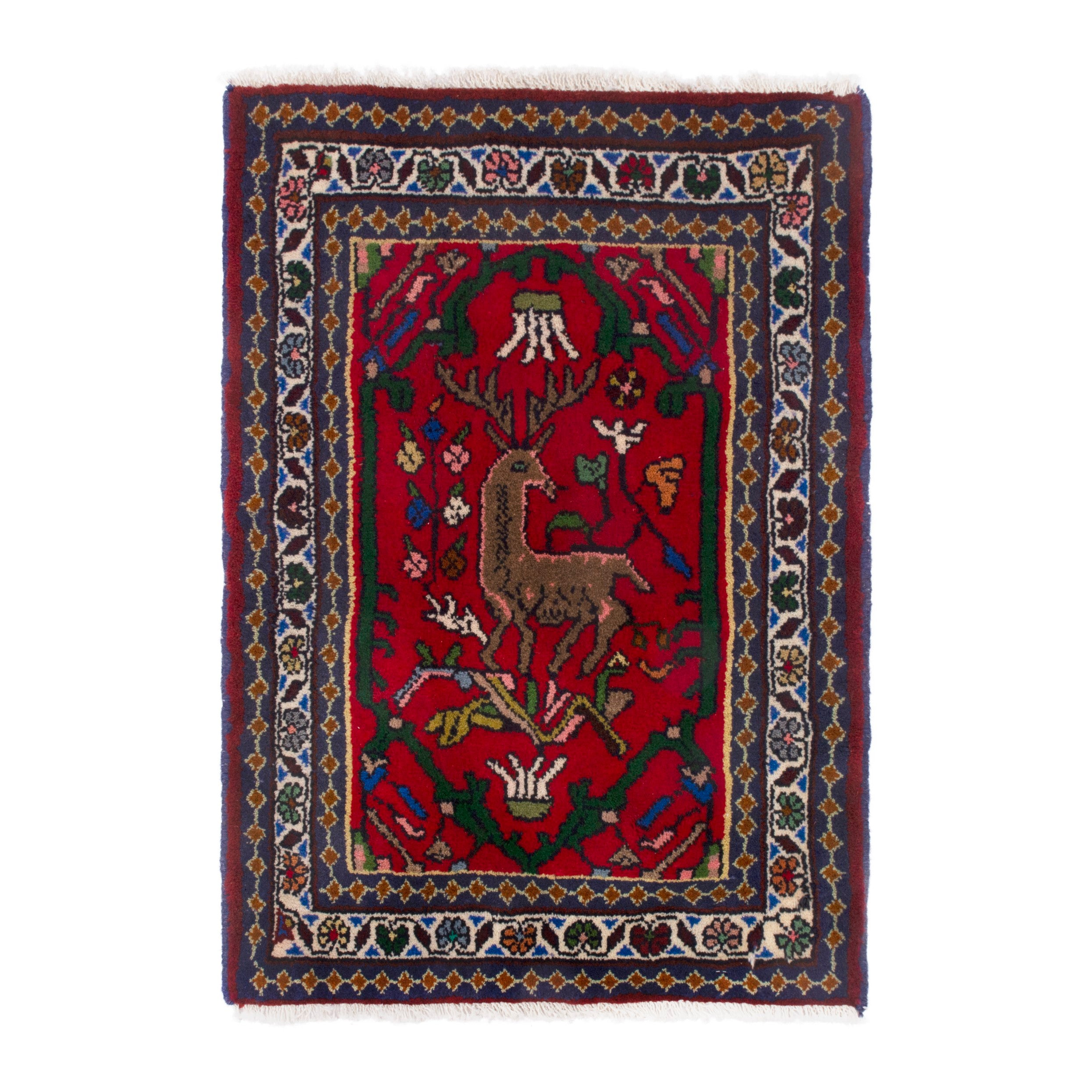 Persian Shiraz accent rug in deep red and navy, 2' x 2'7"