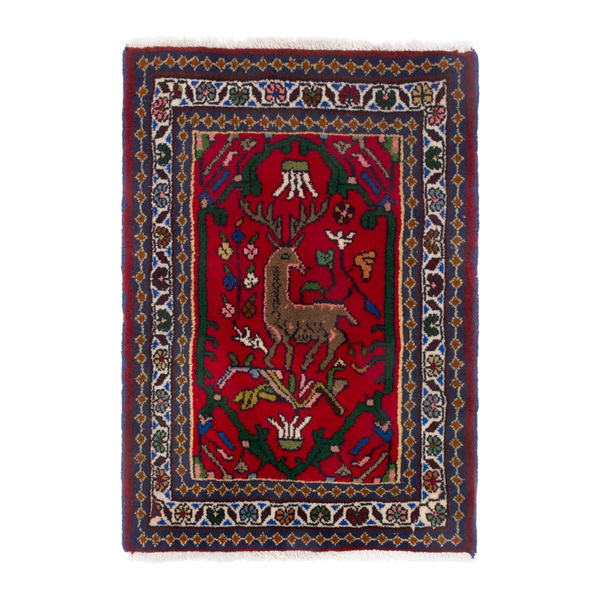 Persian Shiraz accent rug in deep red and navy, 2' x 2'7"