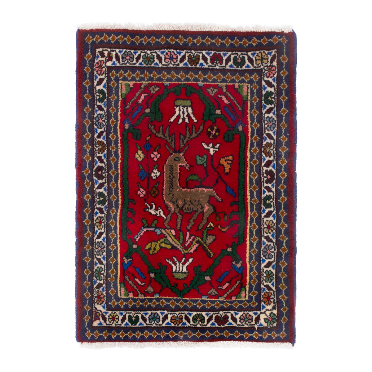 Persian Shiraz accent rug in deep red and navy, 2' x 2'7"