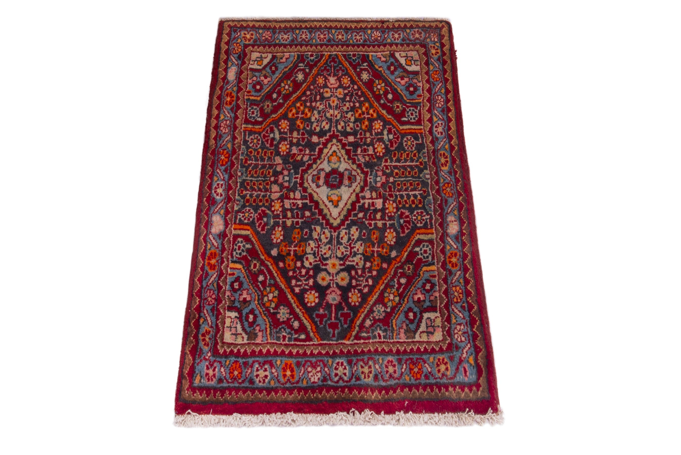Persian Hamedan accent rug in deep red and burgundy, view 2 of 7