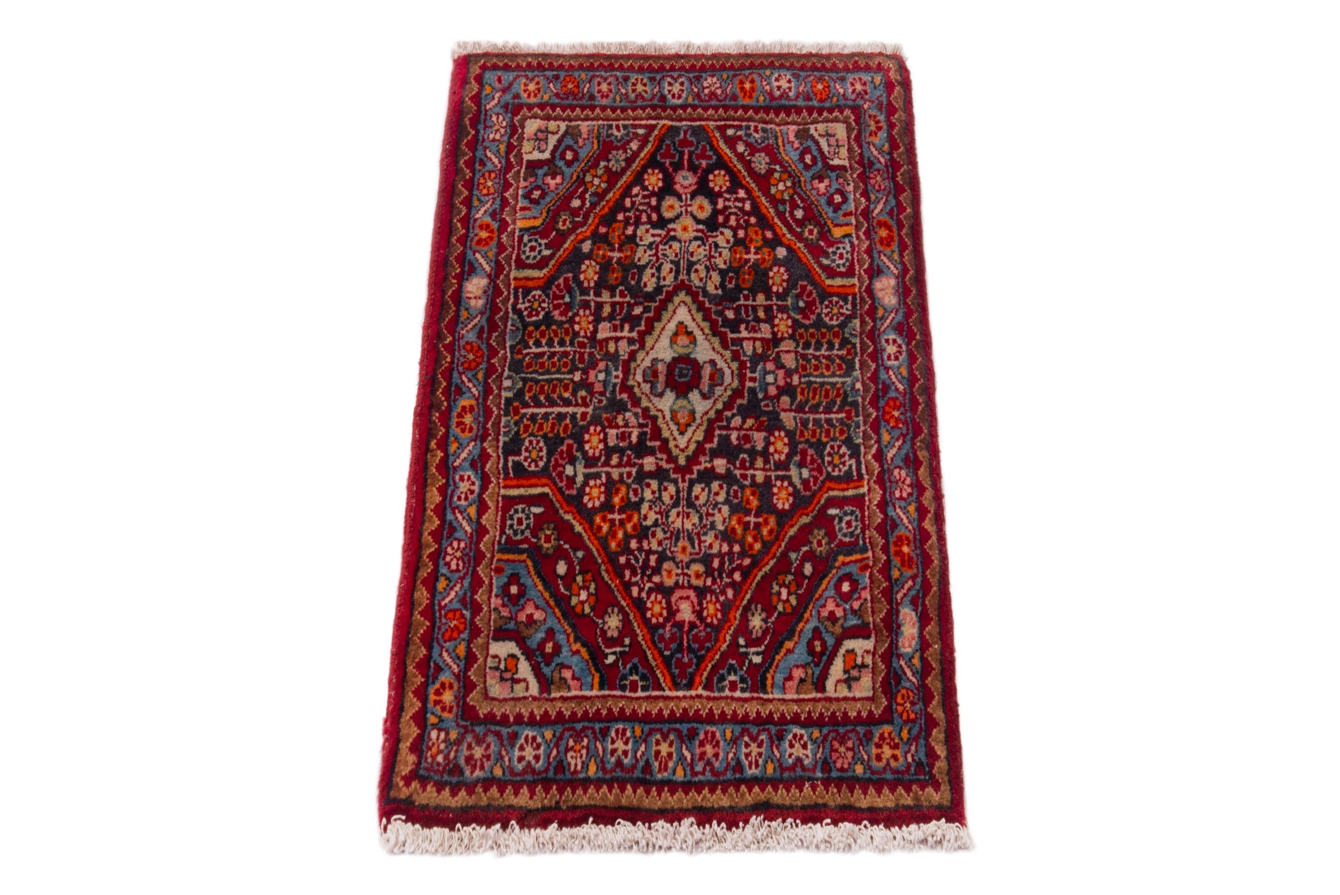 Persian Hamedan accent rug in deep red and burgundy, view 3 of 7