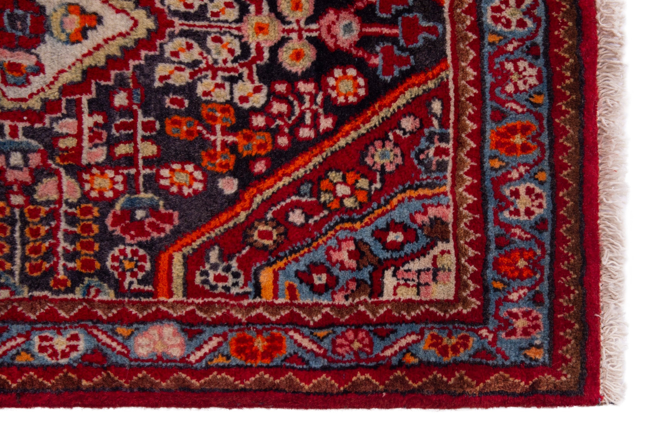 Persian Hamedan accent rug in deep red and burgundy, view 4 of 7