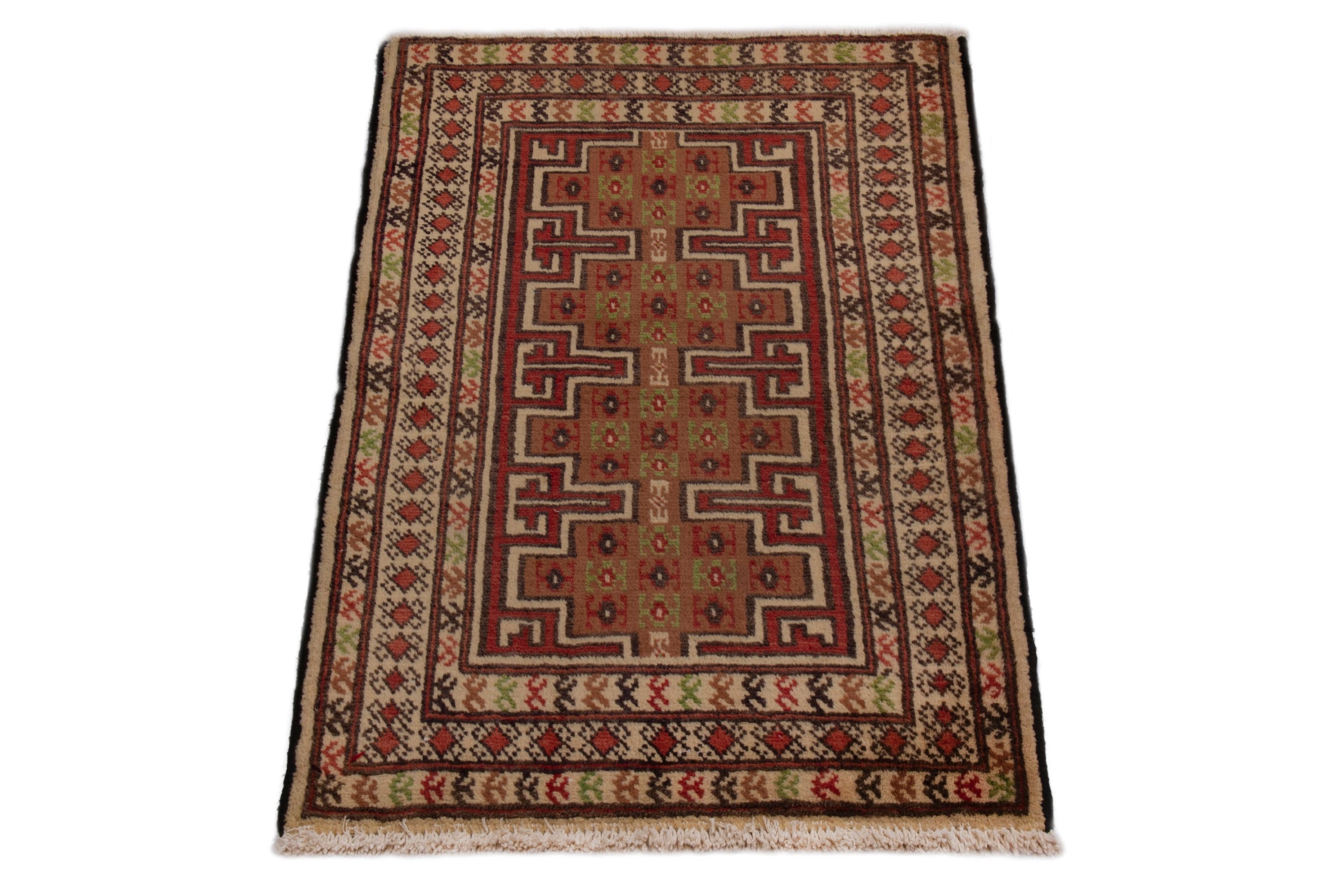Persian Torkaman accent rug in deep red and cream, view 2 of 7