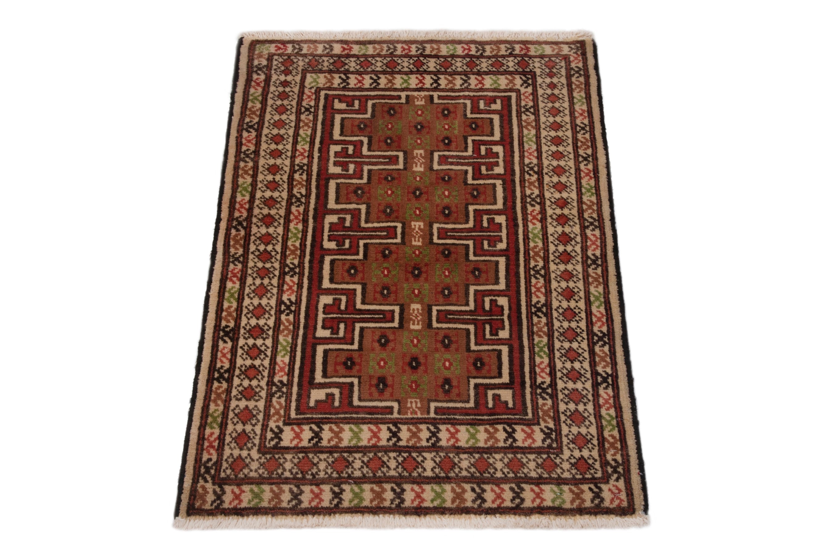 Persian Torkaman accent rug in deep red and cream, view 3 of 7