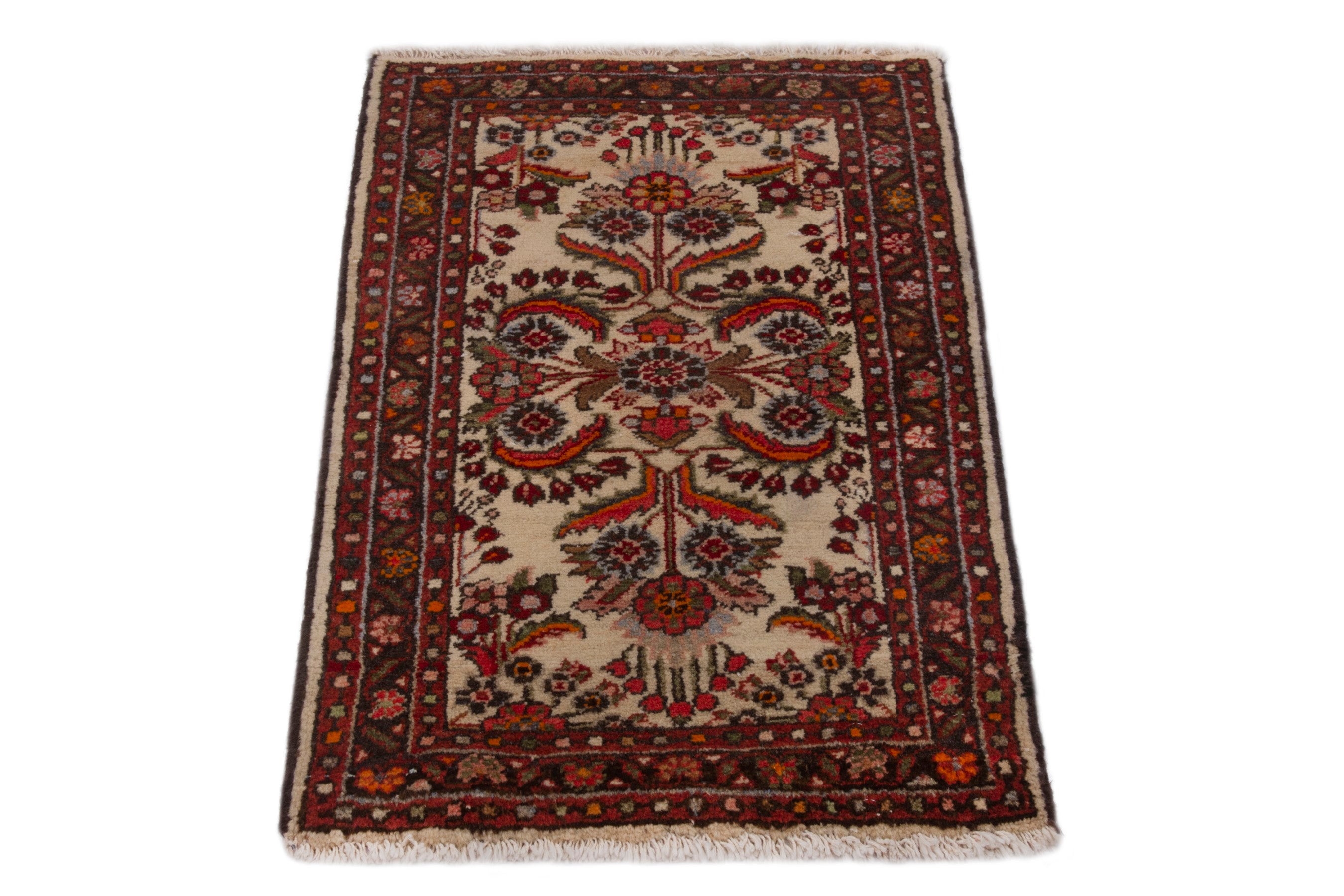 Persian Hamedan accent rug in cream and deep red, view 2 of 7