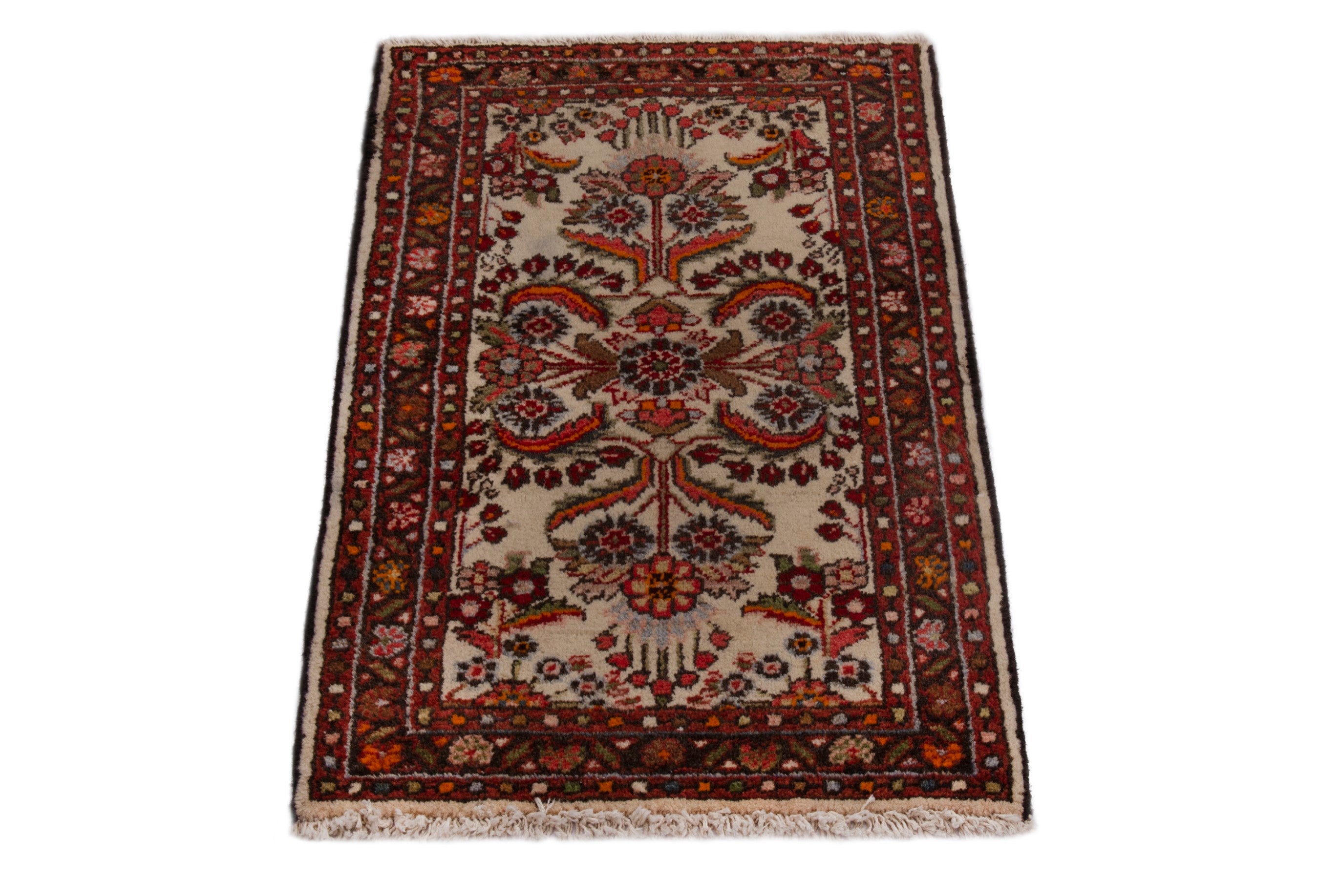 Persian Hamedan accent rug in cream and deep red, view 3 of 7