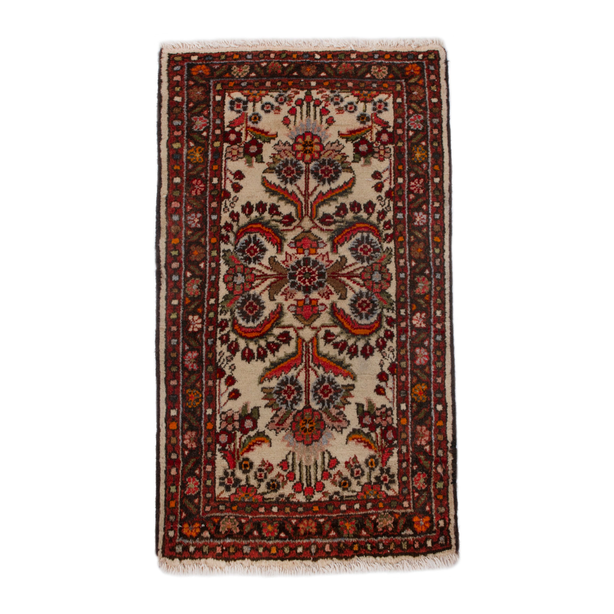 Persian Hamedan accent rug in cream and deep red, 1'11" x 2'11"