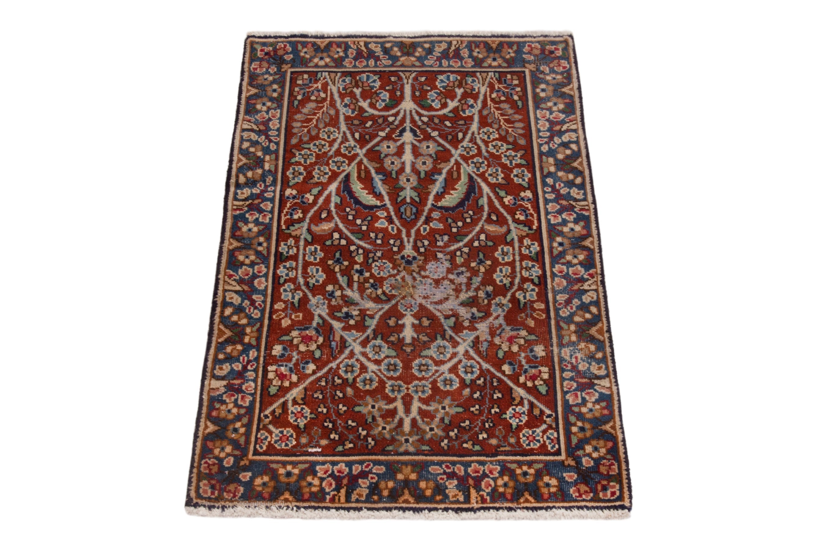Persian Kerman accent rug in burgundy and navy, view 3 of 7