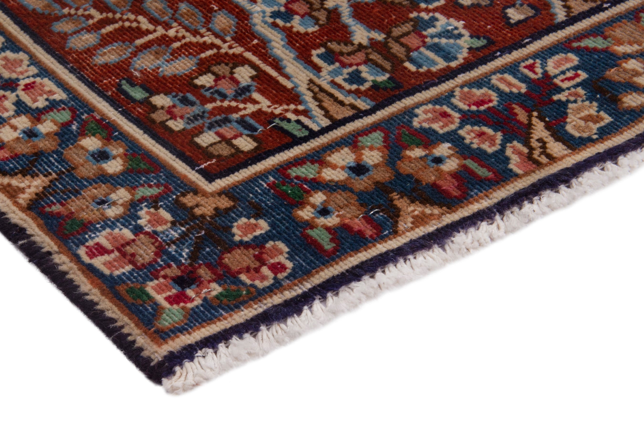 Persian Kerman accent rug in burgundy and navy, view 5 of 7