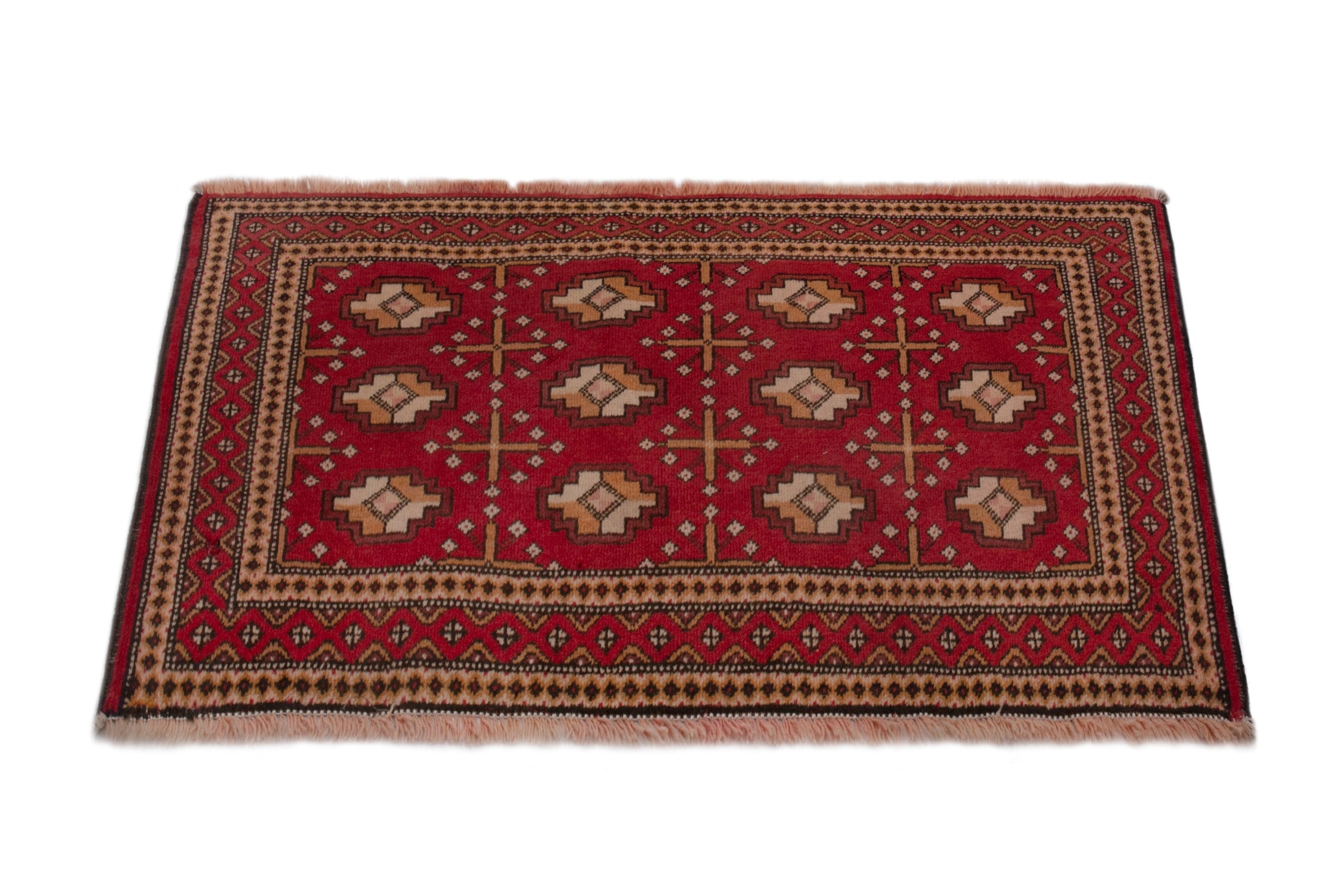 Persian Torkaman accent rug in burgundy and antique gold, view 3 of 7