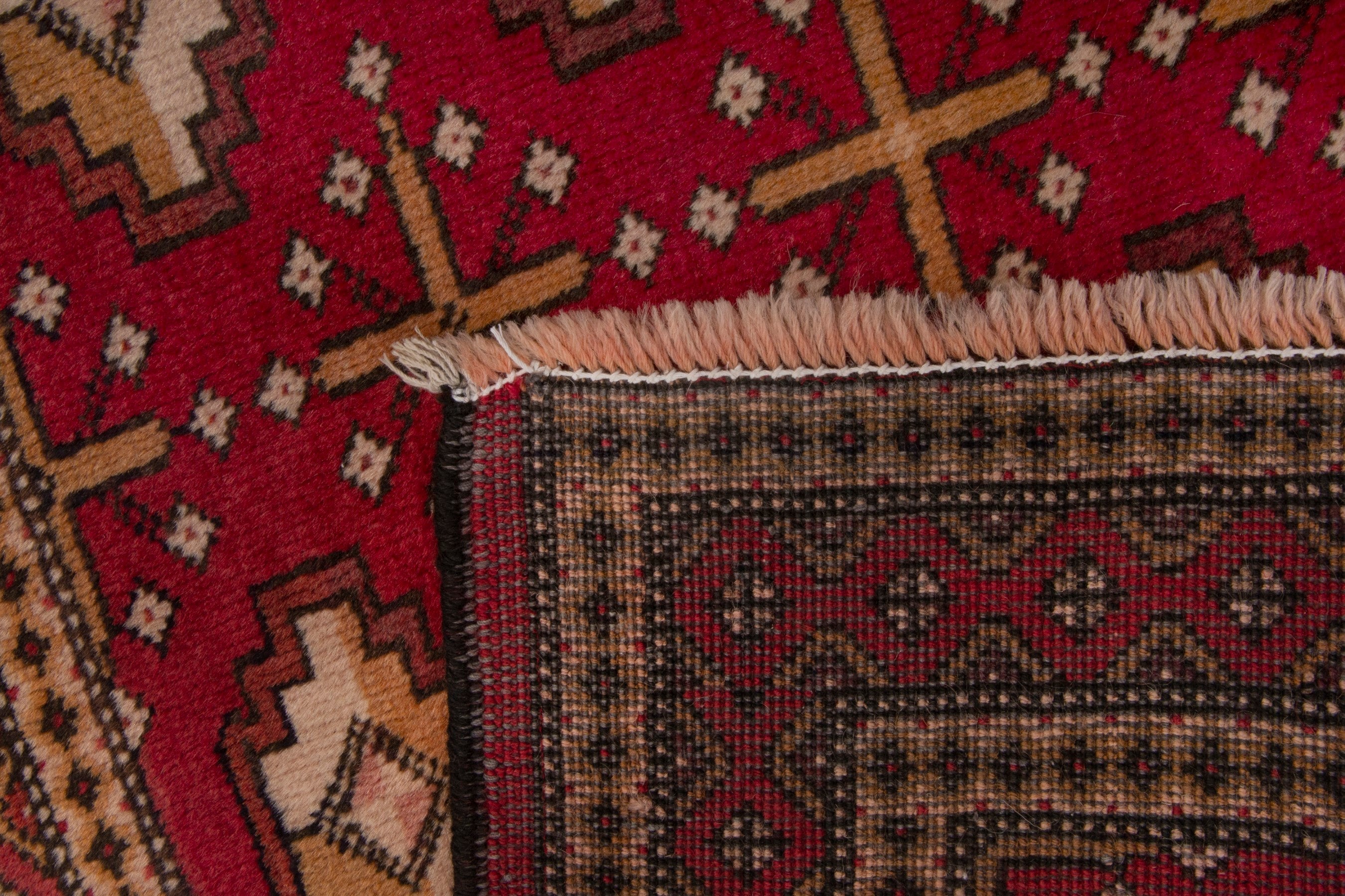 Persian Torkaman accent rug in burgundy and antique gold, view 7 of 7