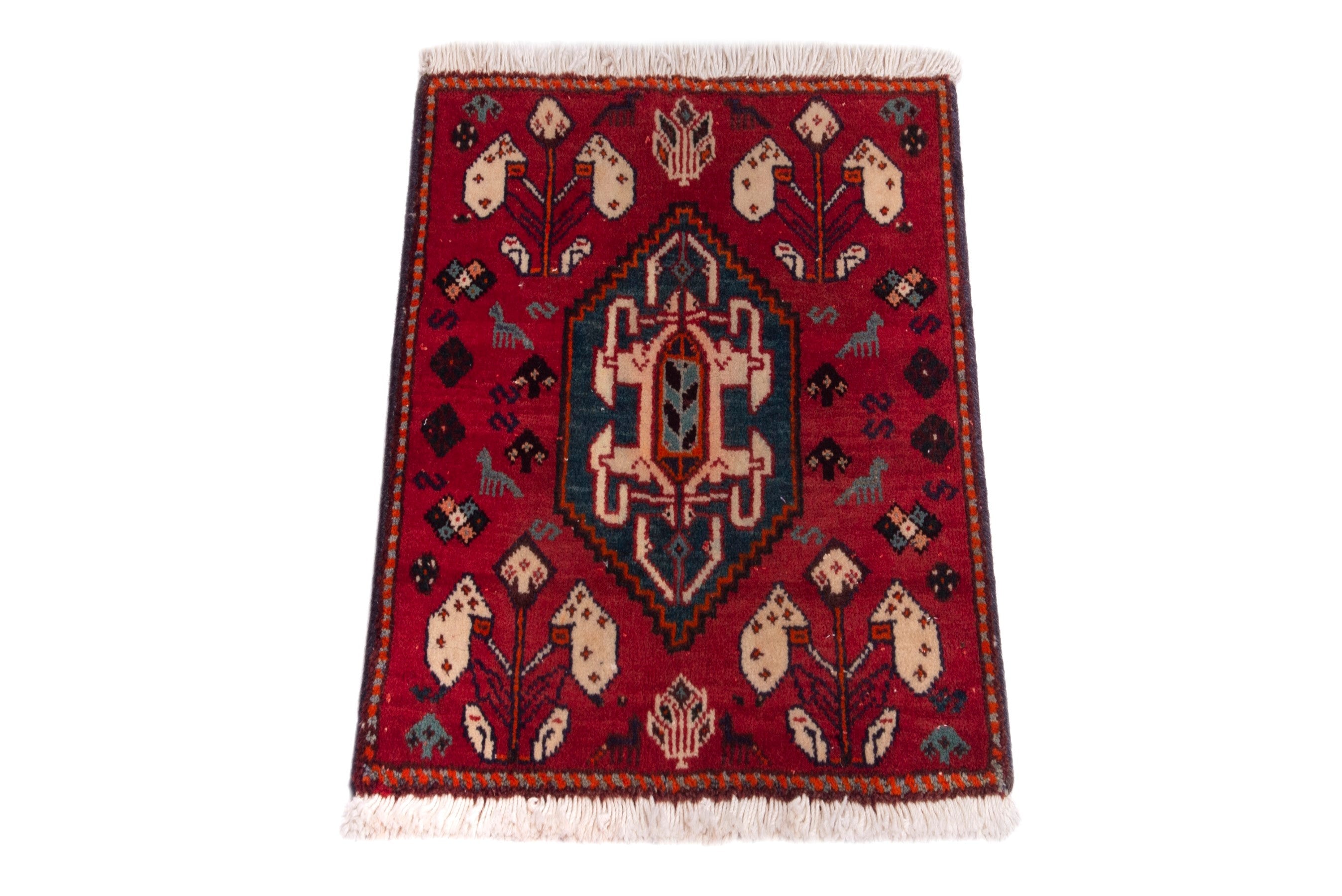 Persian Shiraz accent rug in deep red and navy, view 2 of 6