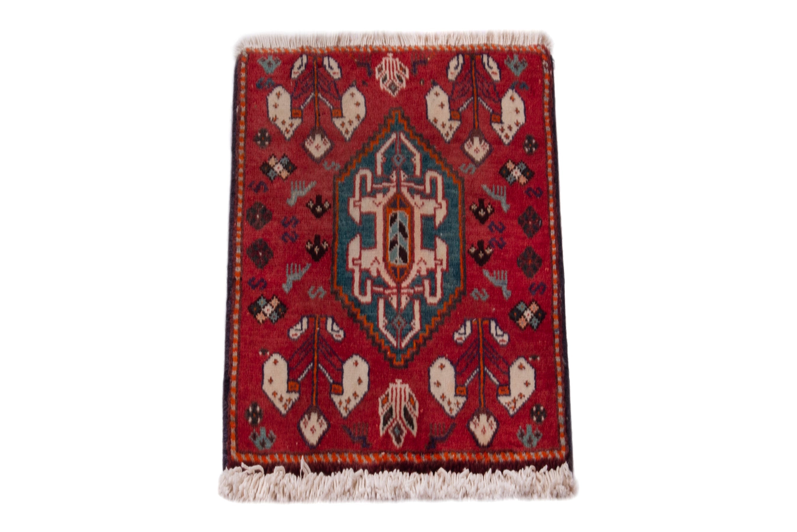 Persian Shiraz accent rug in deep red and navy, view 3 of 6