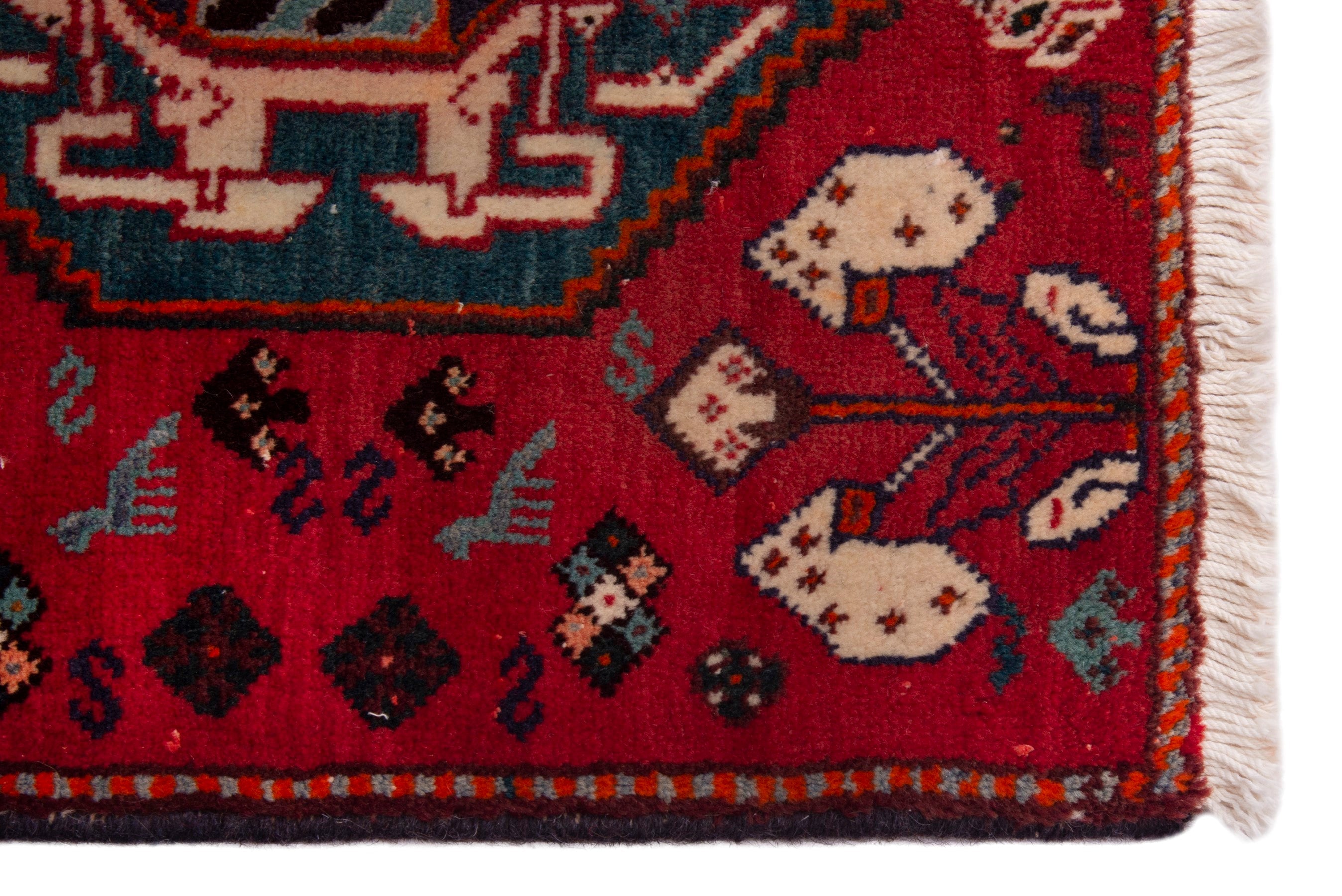 Persian Shiraz accent rug in deep red and navy, view 4 of 6