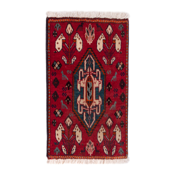 Persian Shiraz accent rug in deep red and navy, 1'8" x 1'8"