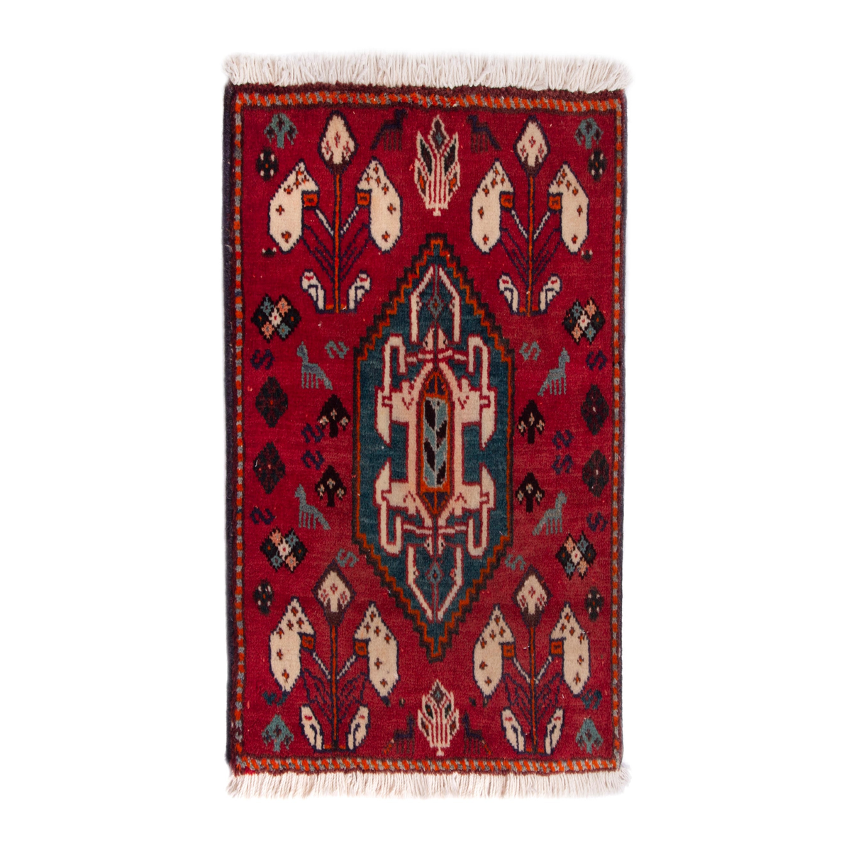Persian Shiraz accent rug in deep red and navy, 1'8" x 1'8"