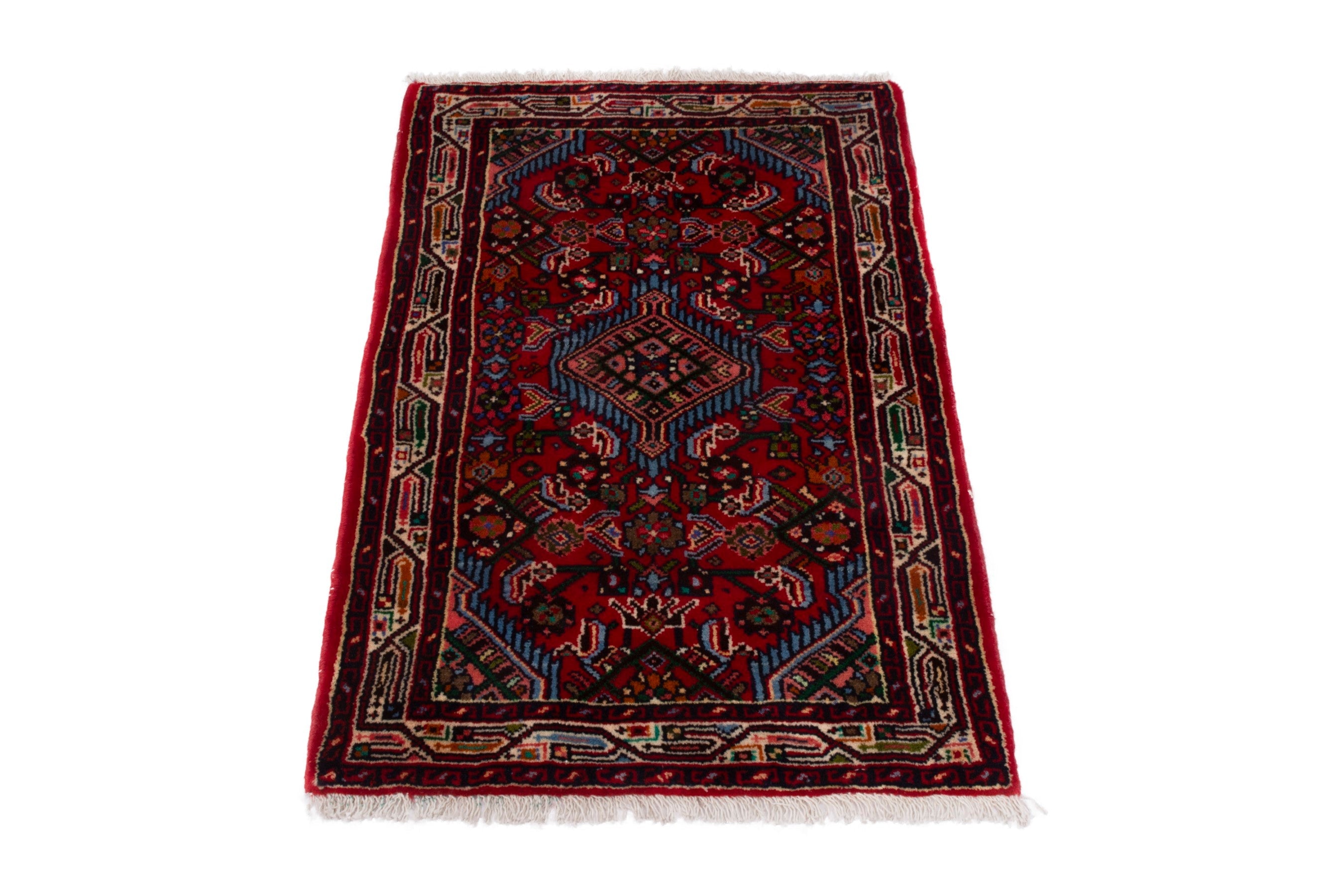Persian Hamedan accent rug in deep red and denim, view 2 of 7