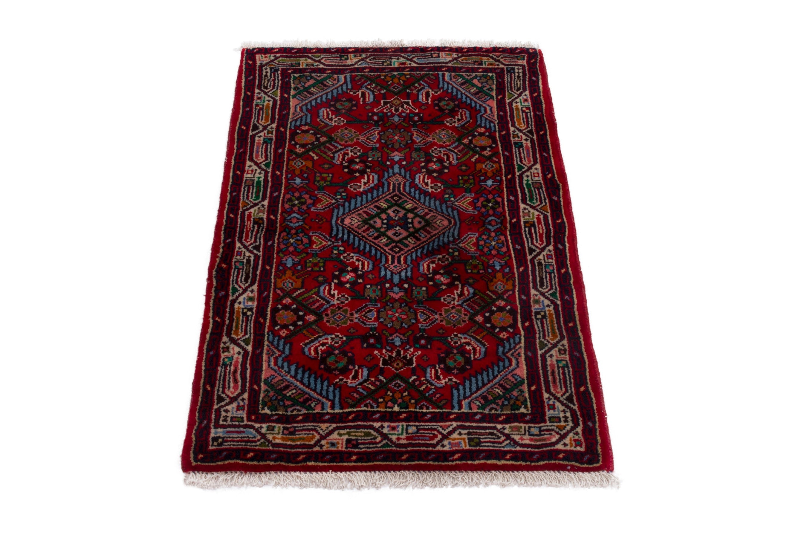 Persian Hamedan accent rug in deep red and denim, view 3 of 7