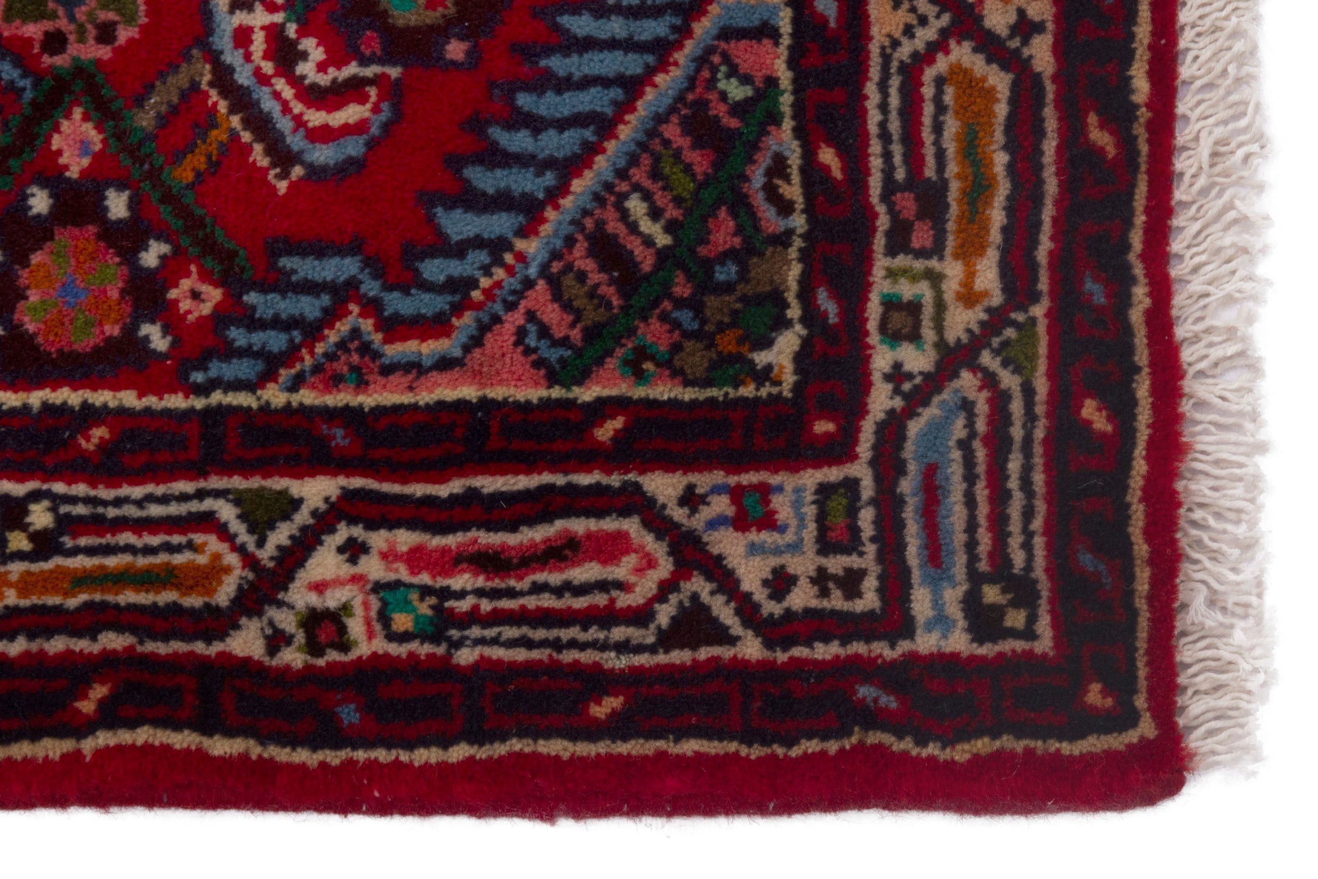 Persian Hamedan accent rug in deep red and denim, view 4 of 7