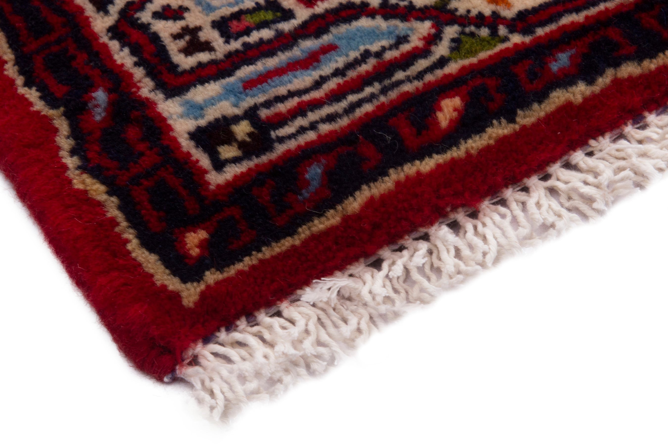 Persian Hamedan accent rug in deep red and denim, view 5 of 7
