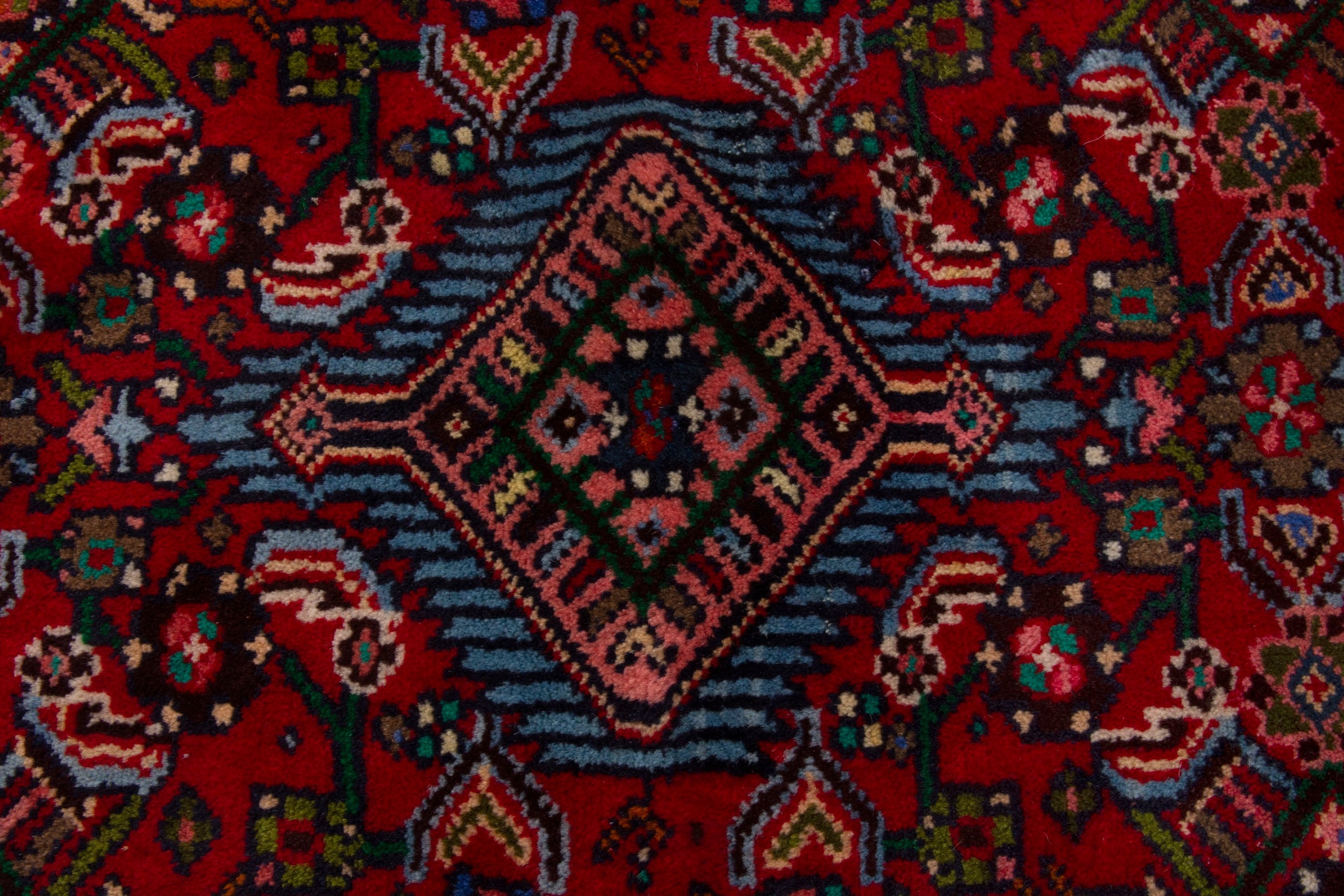 Persian Hamedan accent rug in deep red and denim, view 6 of 7