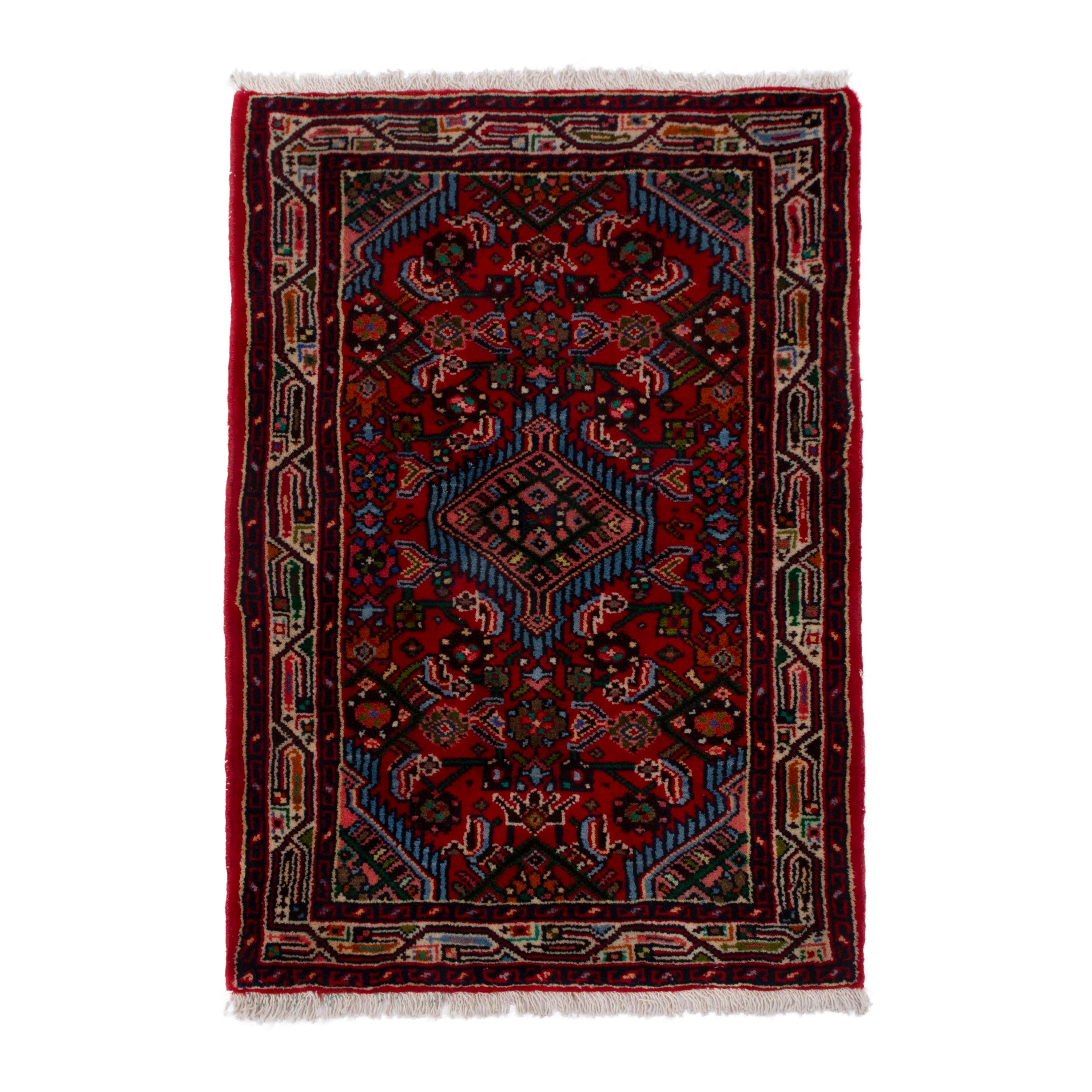 Persian Hamedan accent rug in deep red and denim, 2' x 3'1"
