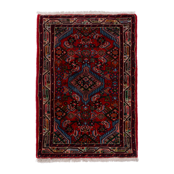 Persian Hamadan accent rug in deep red and denim, 2' x 3'1"