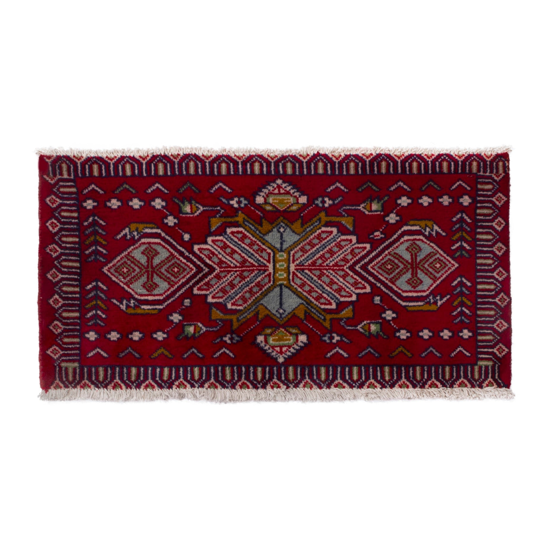 Persian Torkaman accent rug in burgundy and cream, 3'1" x 1'7"