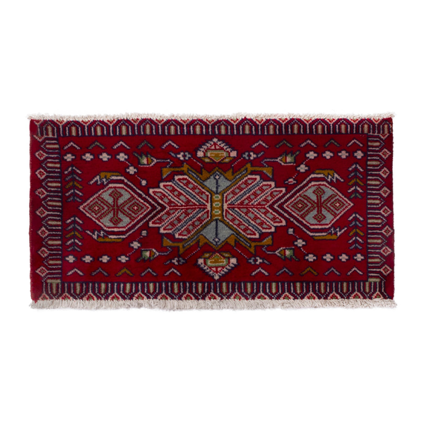 Persian Torkaman accent rug in burgundy and cream, 3'1" x 1'7"