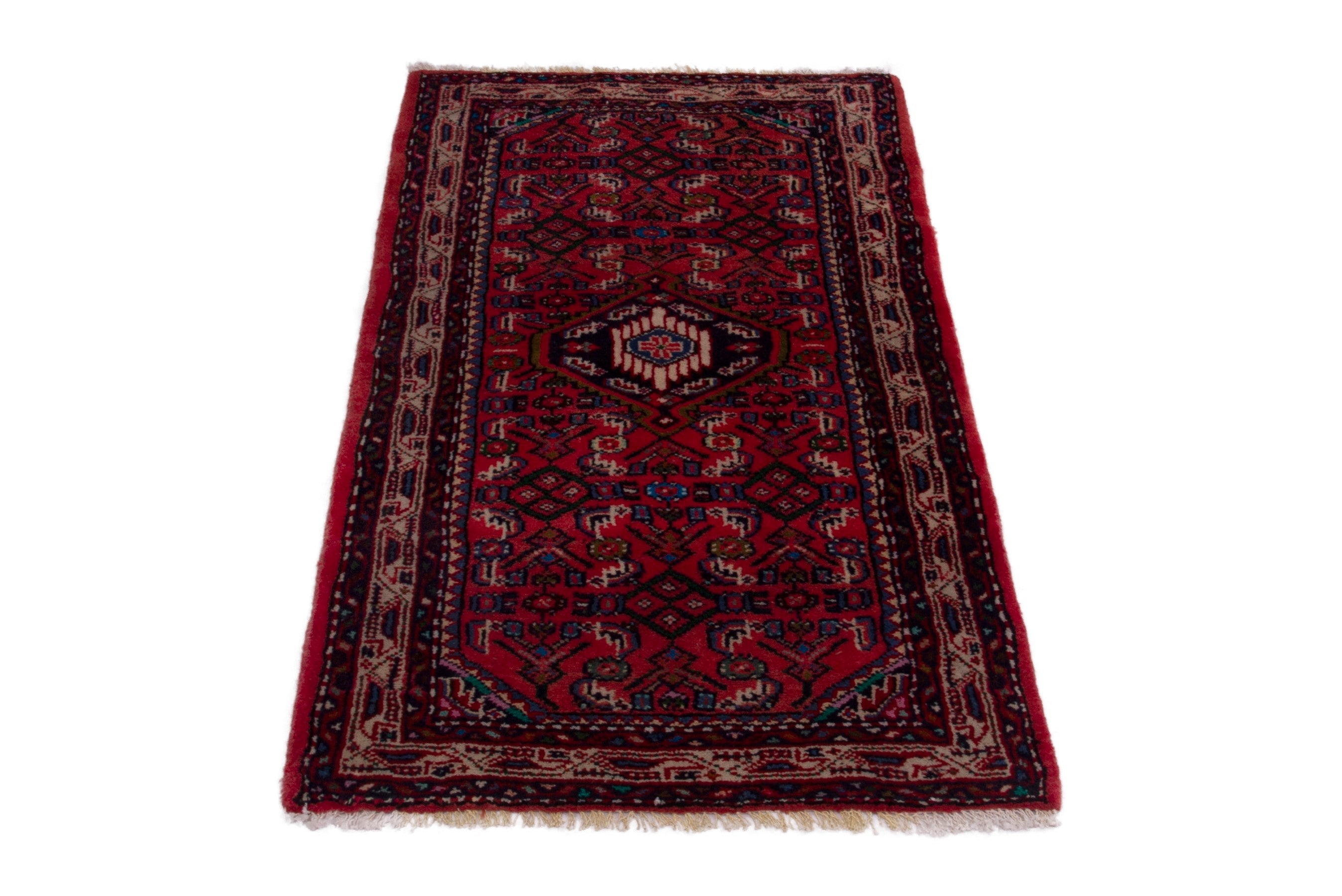Persian Hamedan accent rug in deep red and brick, view 2 of 7
