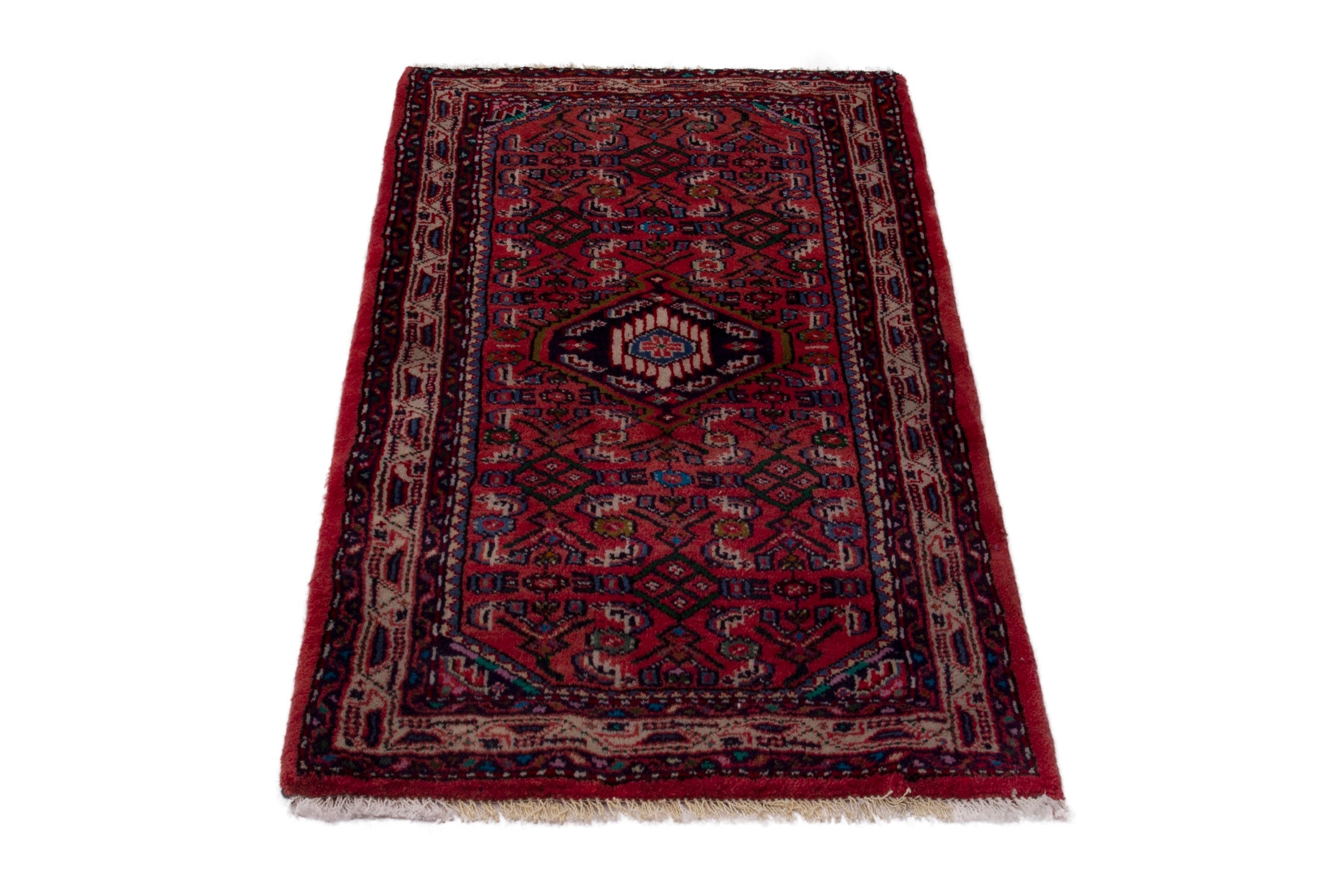 Persian Hamedan accent rug in deep red and brick, view 3 of 7