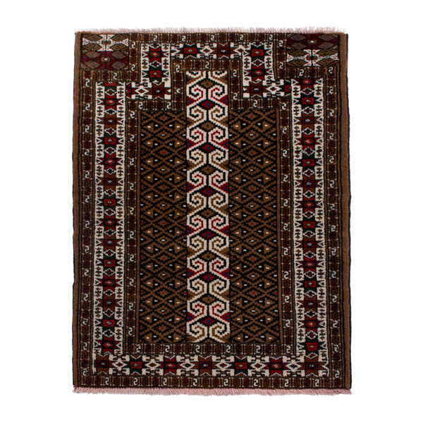 Persian Torkaman rug in dark brown and burgundy, 2'7" x 3'7"