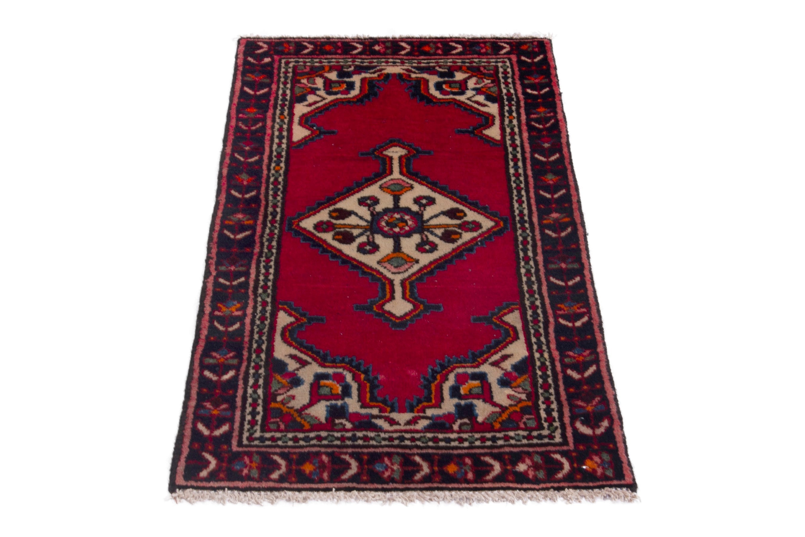 Persian Hamedan accent rug in deep red and burgundy, view 2 of 7
