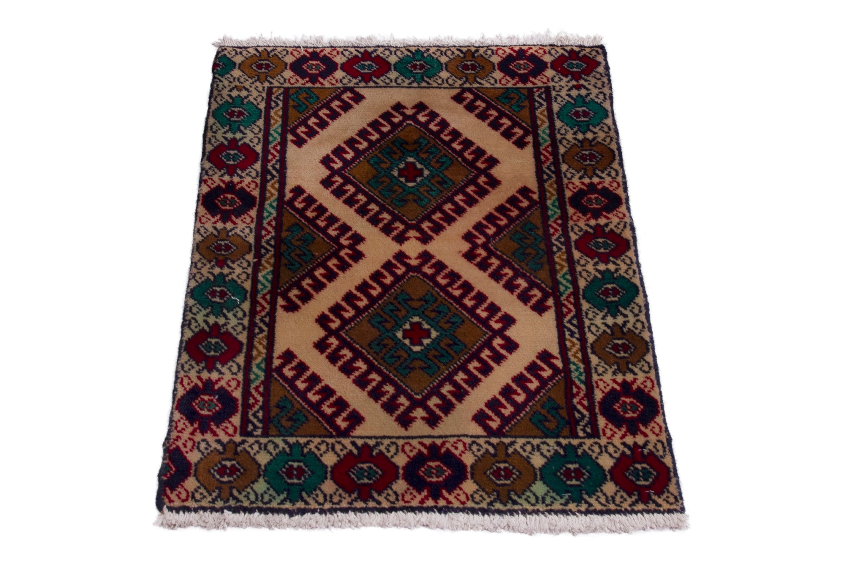 Persian Torkaman accent rug in cream and burgundy, view 2 of 7