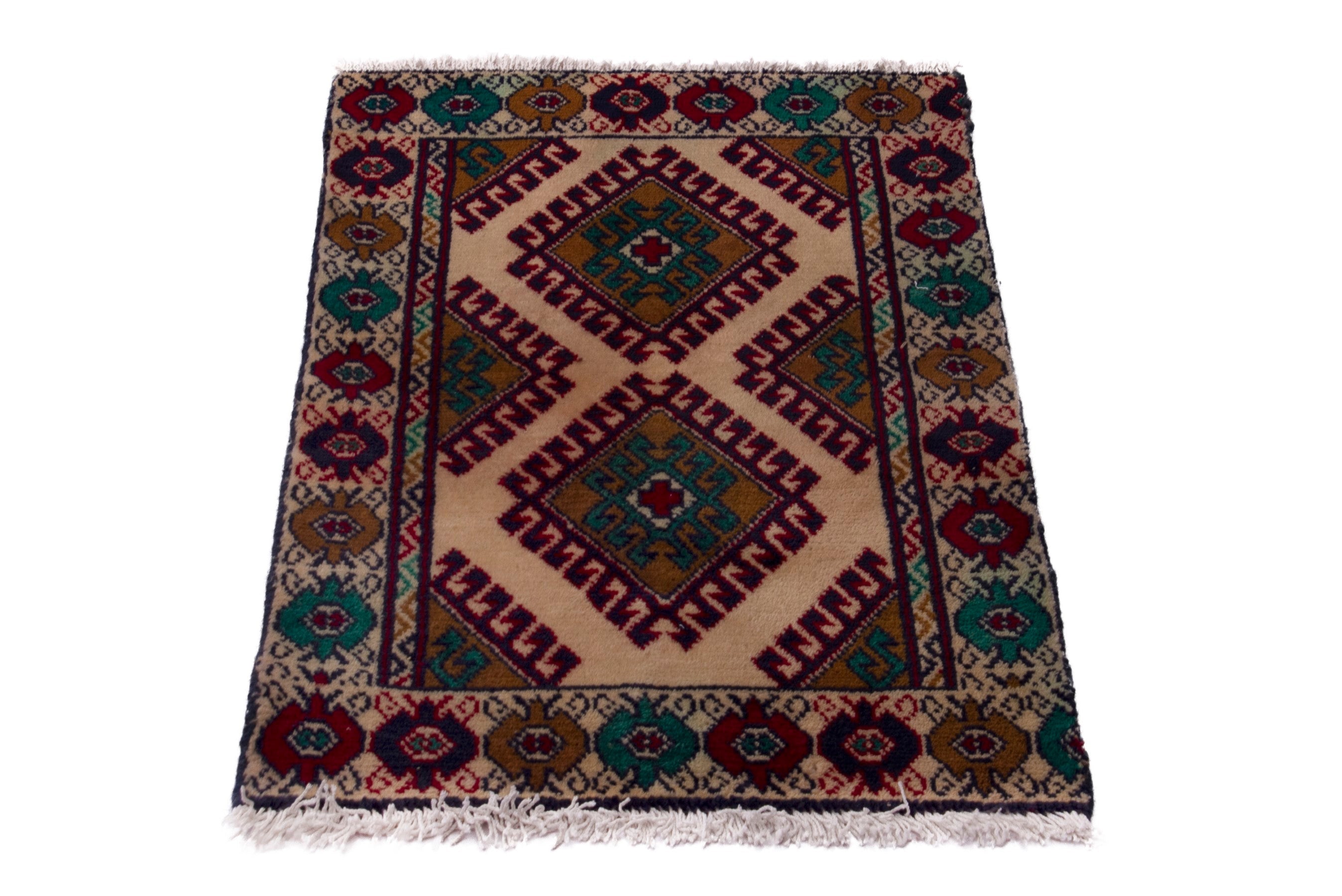 Persian Torkaman accent rug in cream and burgundy, view 3 of 7